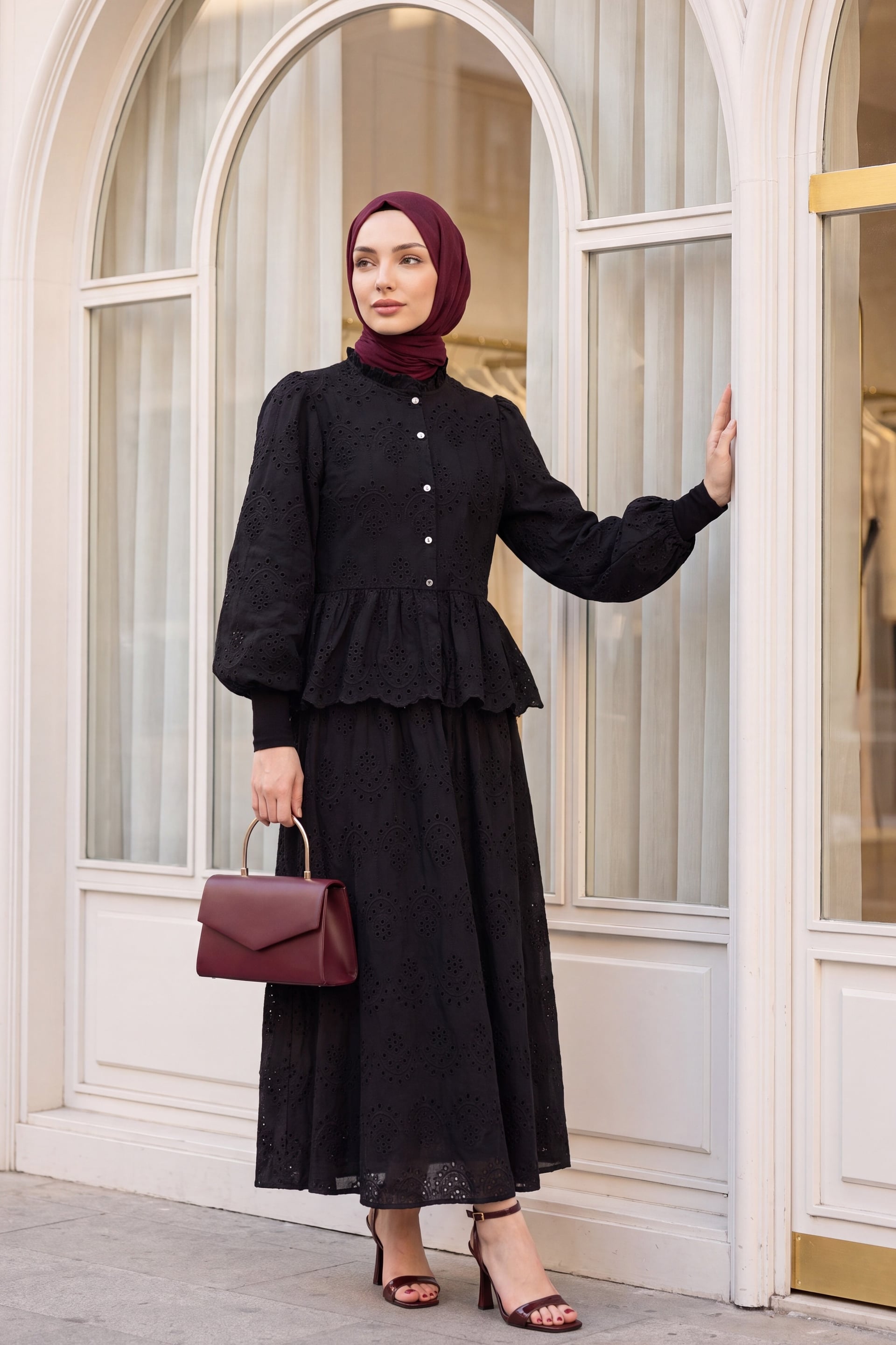 Black Long-Sleeved Midi Dress with Eyelet Pattern and Tie Waist - Podyumplus - by Peralane - photo 3