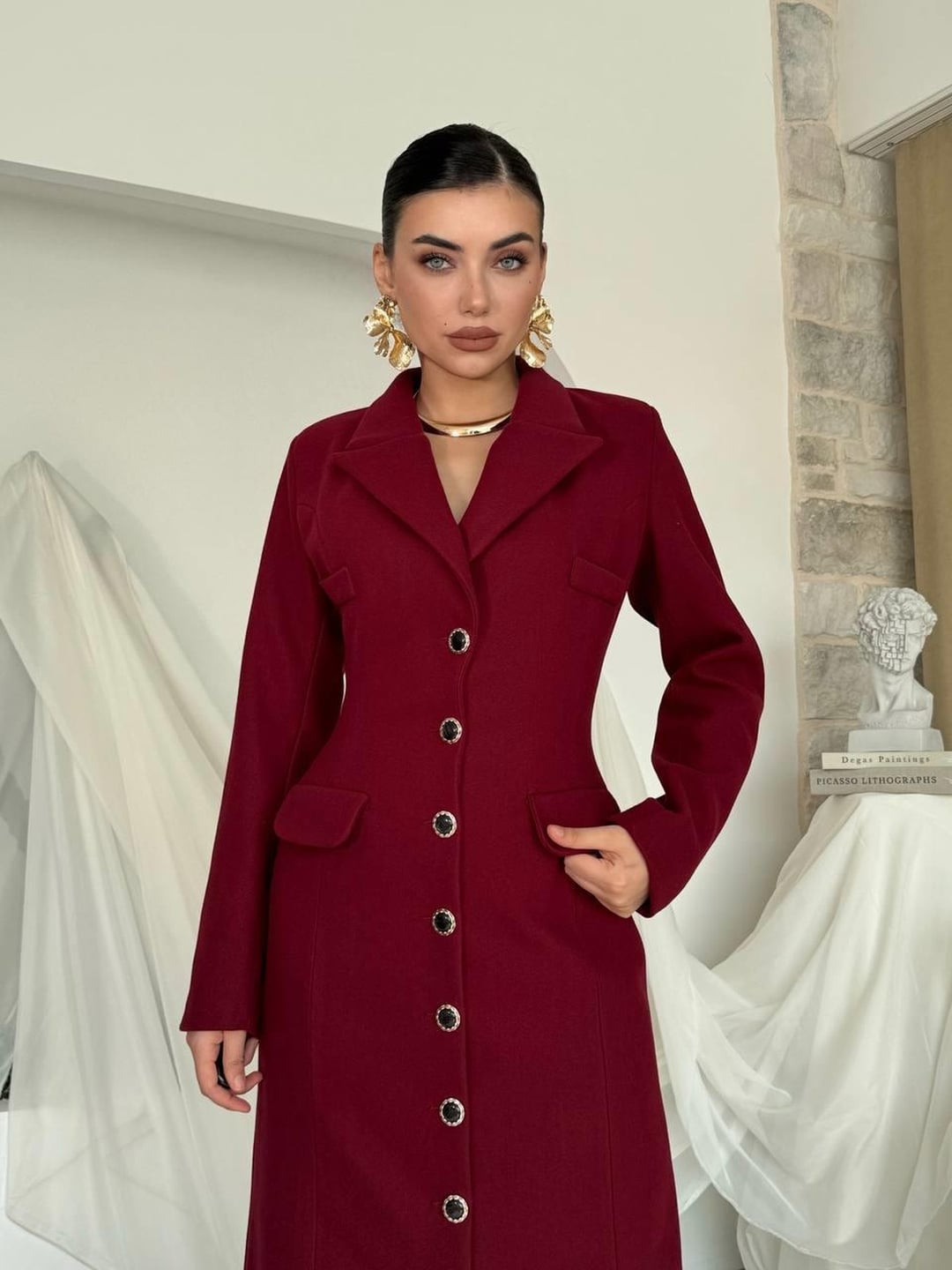 Women's Bordeaux Single-Breasted Coat with Notched Lapel and Flap Pockets - Etika - by Peralane