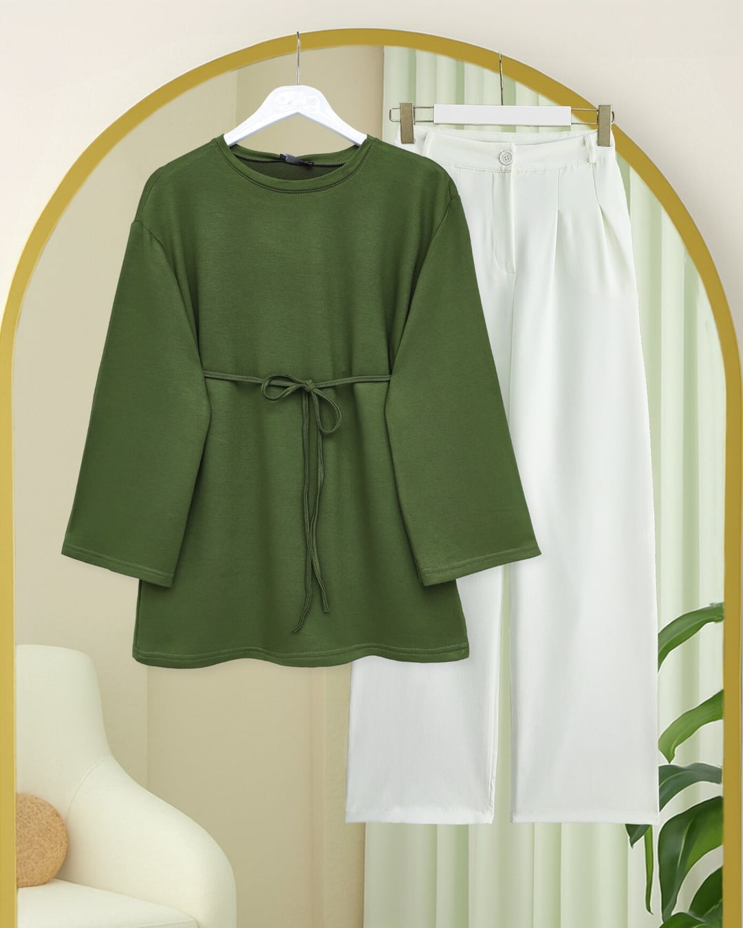Round Neck Drawstring Waist Jersey Tunic - Olive Green - Podyumplus - by Peralane - photo 10