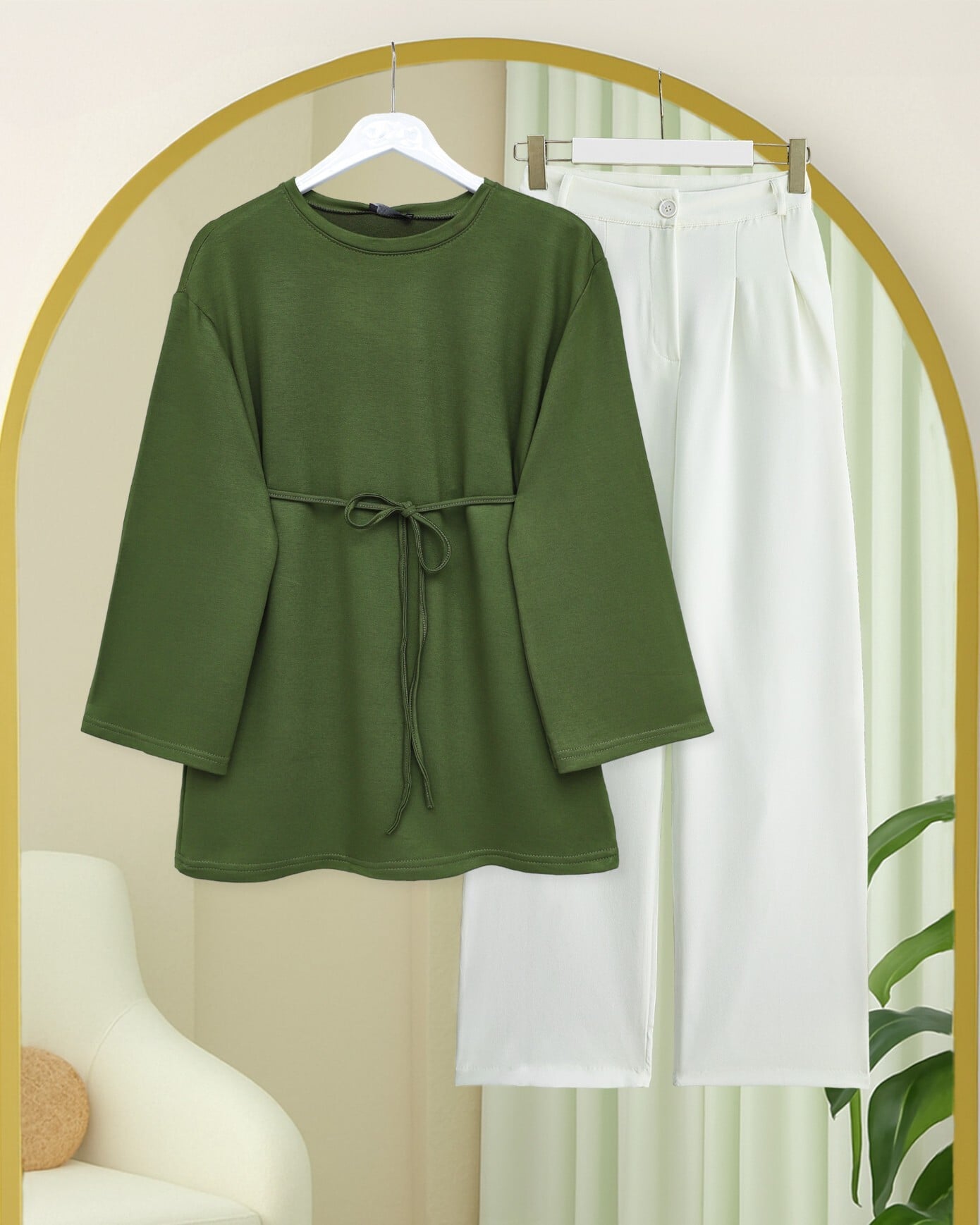 Round Neck Drawstring Waist Jersey Tunic - Olive Green - Podyumplus - by Peralane - photo 10