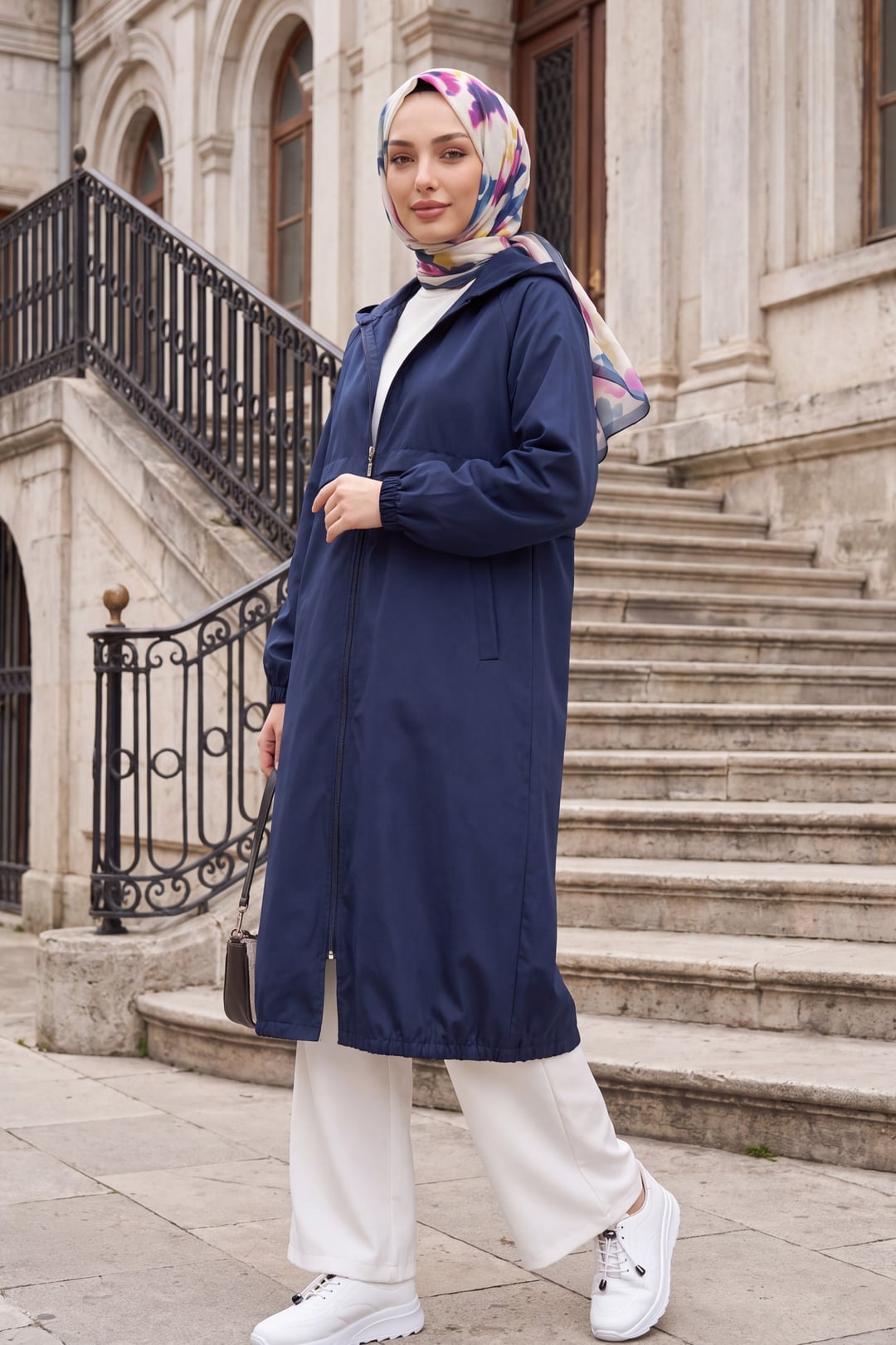 Navy Blue Hooded Full Zip Long Raincoat - Podyumplus - by Peralane - photo 3