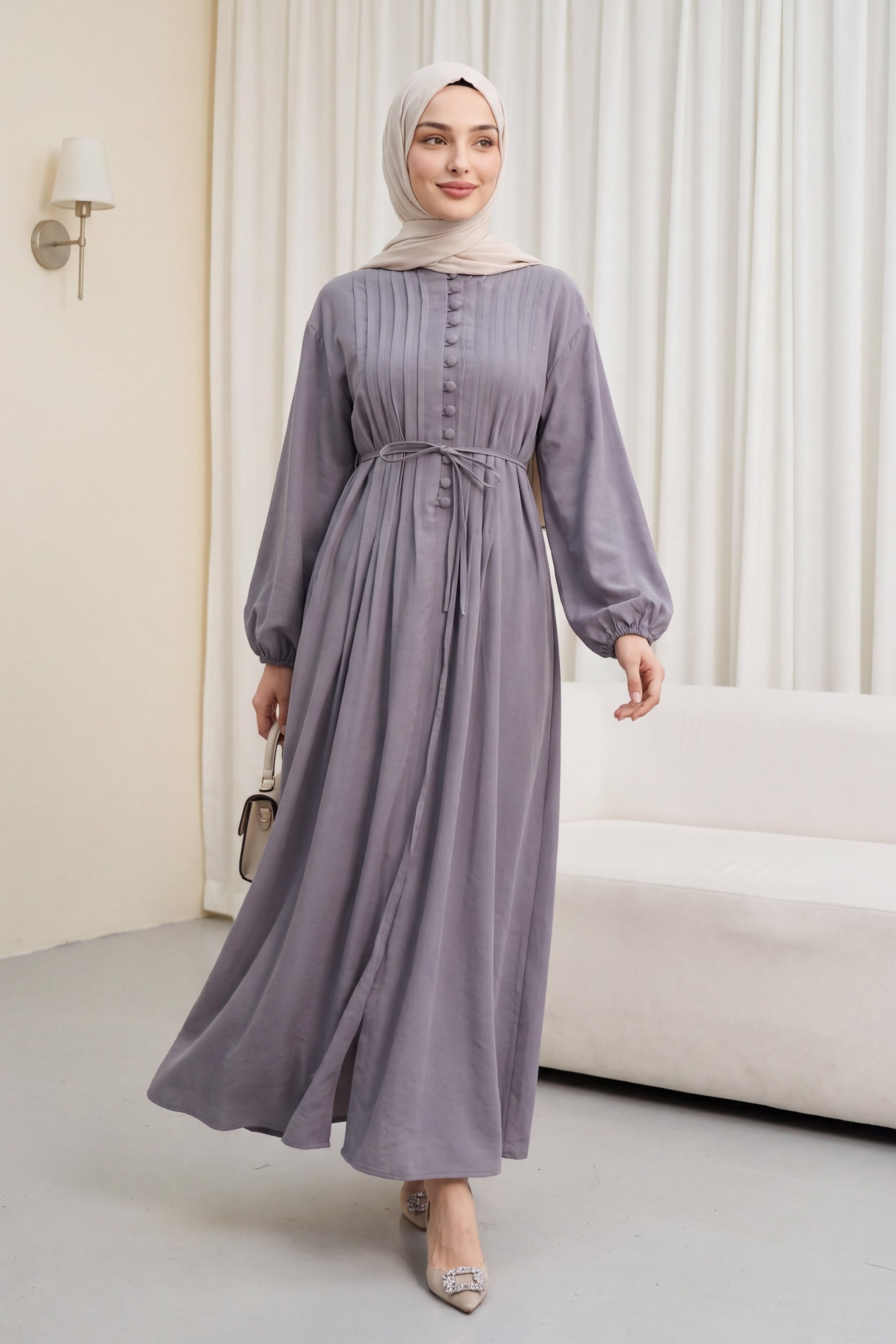 Women's Grey Long-Sleeve Button-Front Ribbed Modal Dress with Belt - Podyumplus - by Peralane - photo 5