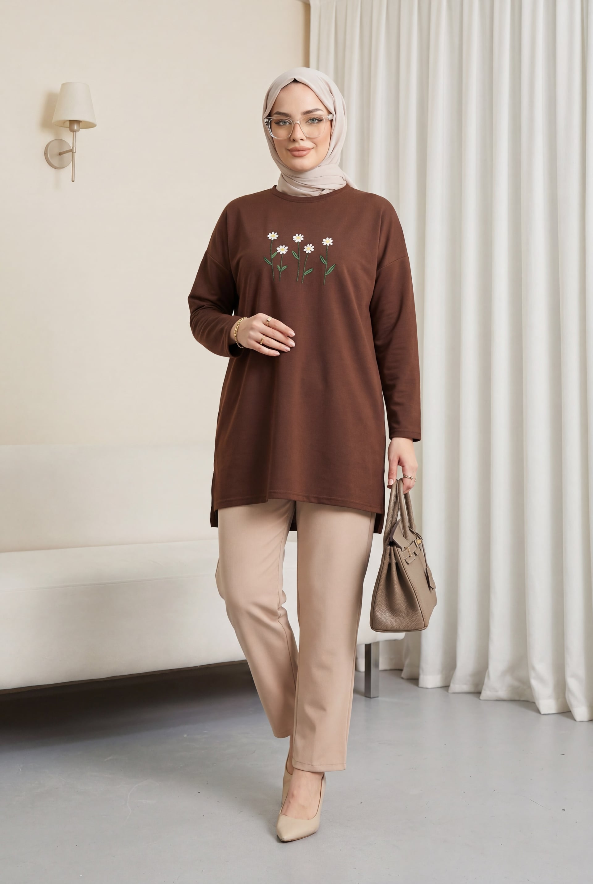 Daisy Embroidered Round Neck Cotton Jersey Tunic - Brown - Podyumplus - by Peralane - photo 5