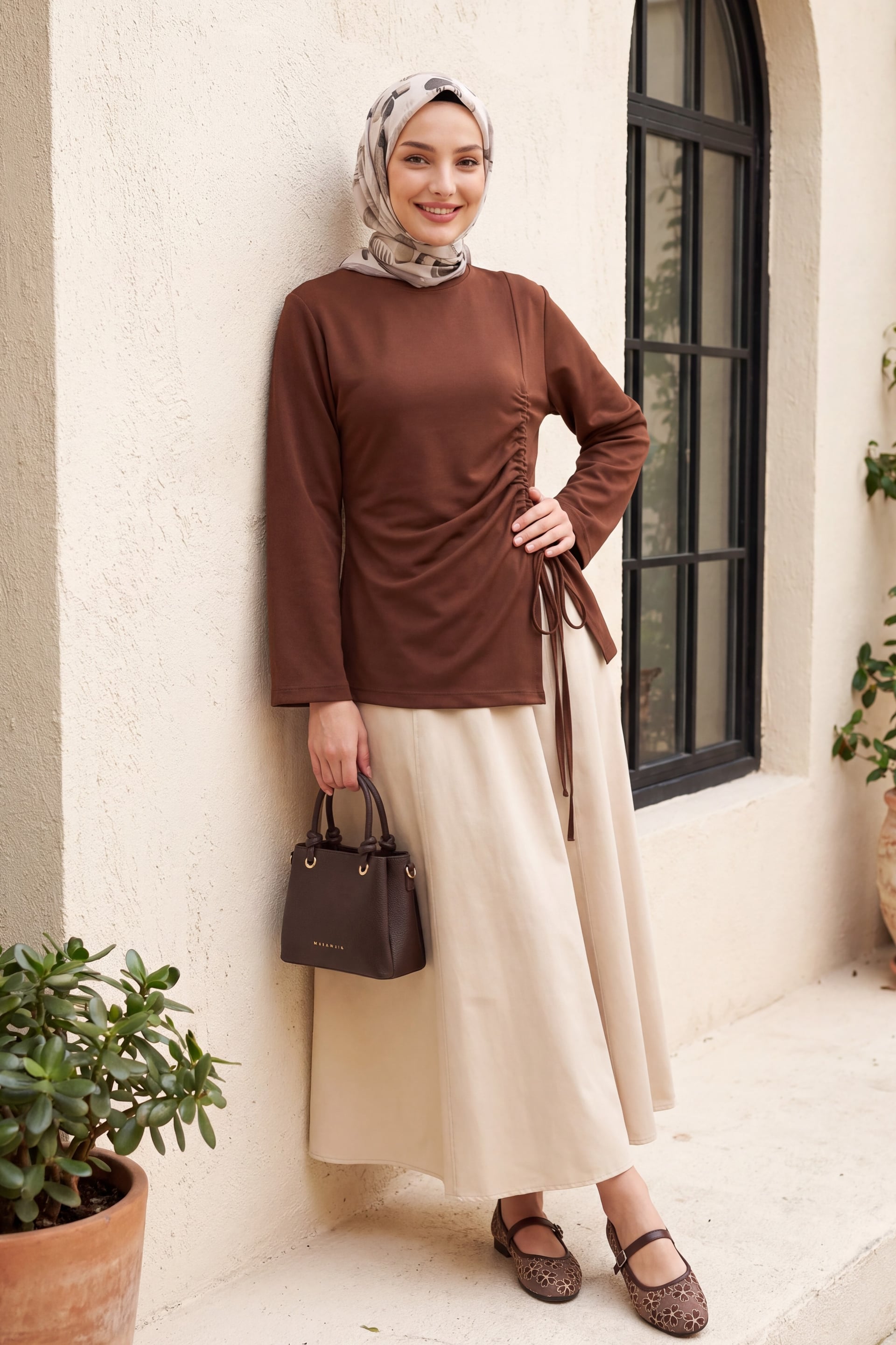 Brown Asymmetric Drawstring Jersey Sweatshirt for Women - Podyumplus - by Peralane - photo 3