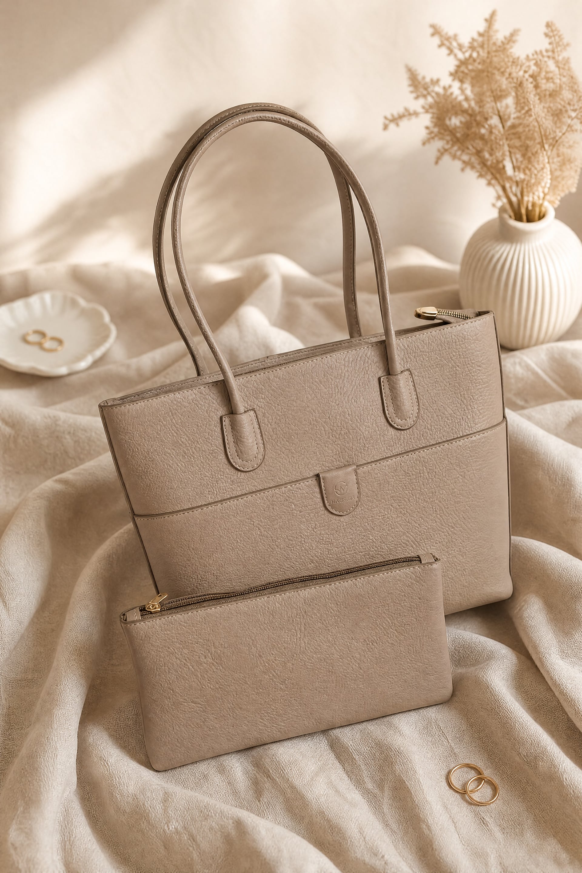 Faux Leather Tote Bag with Matching Clutch - Beige - Podyumplus - by Peralane