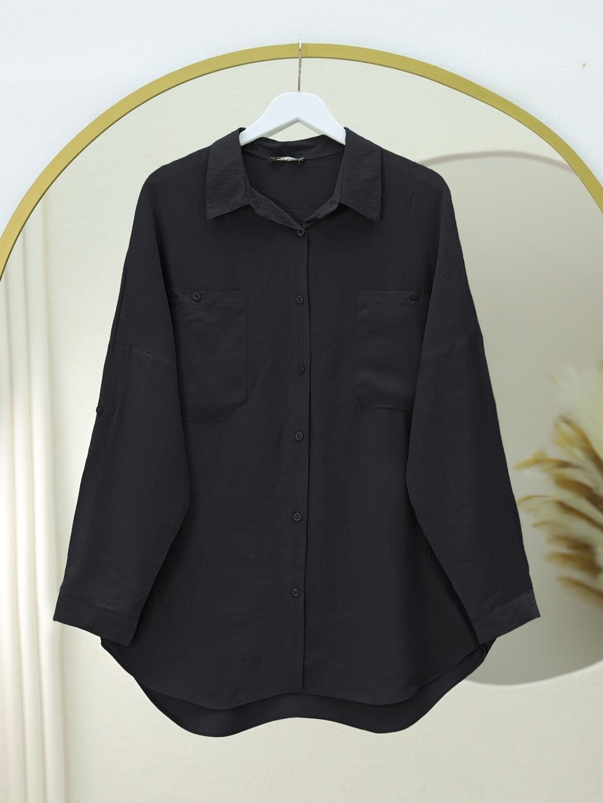 Double Pocket Oval Cut Rolled Sleeve Shirt Tunic - Black - Podyumplus - by Peralane - photo 2