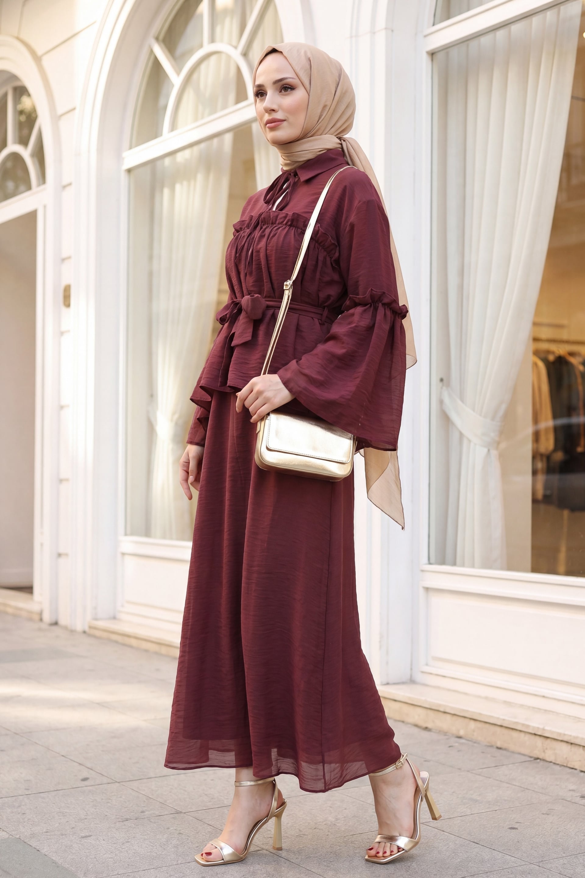 Tie-Neck Ruffled Lined Belted Tulle Voile Dress - Burgundy - Podyumplus - by Peralane - photo 5
