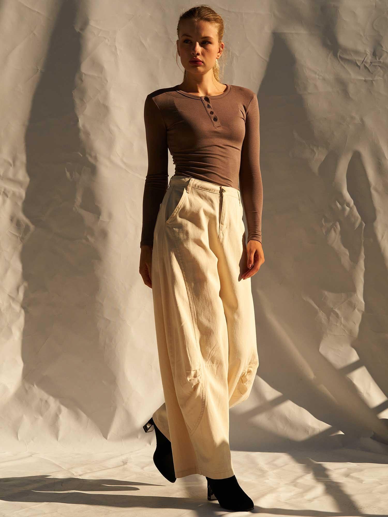Women's High-Waist Wide-Leg Cotton Twill Trousers – Cream - Lefon - by Peralane - photo 6