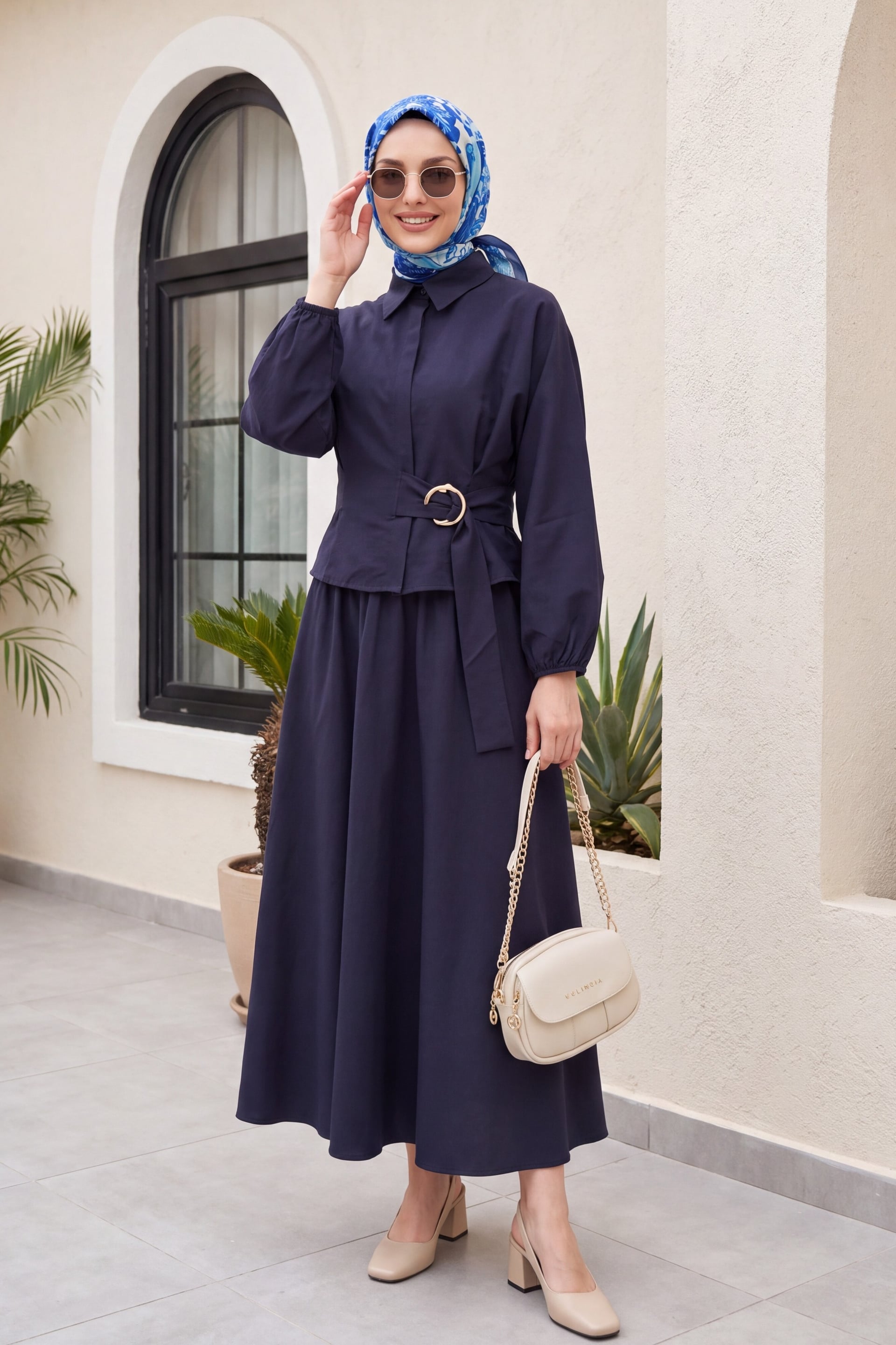 Navy Blue Modest Two-Piece Set with Long-Sleeve Blouse and Maxi Skirt - Podyumplus - by Peralane - photo 3