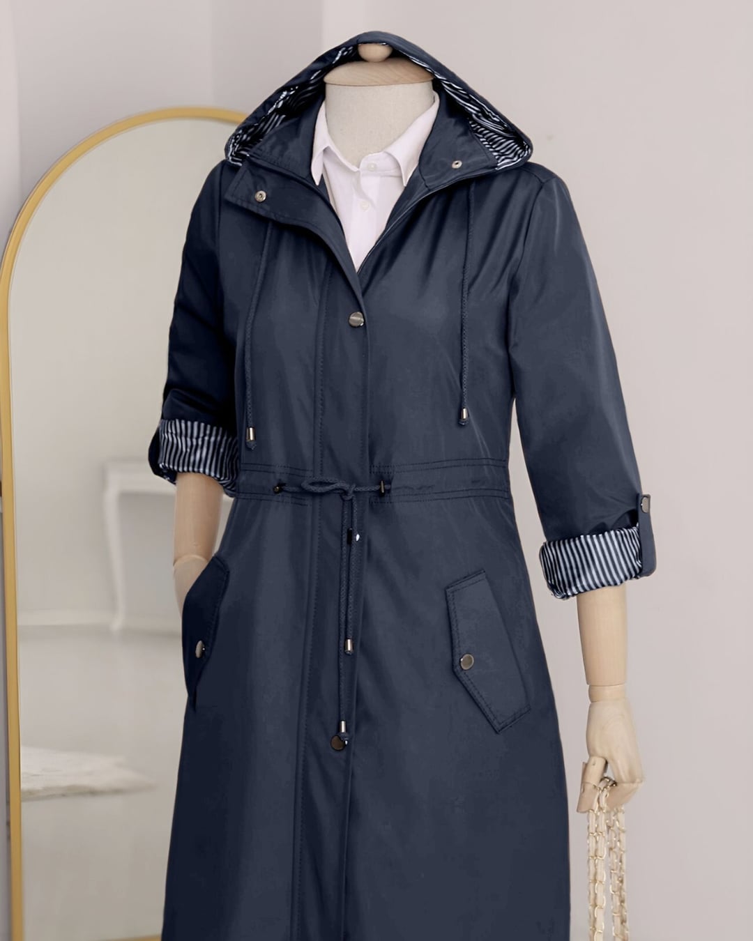 Navy Blue Hooded Trench Coat with Drawstring Waist - Podyumplus - by Peralane - photo 8