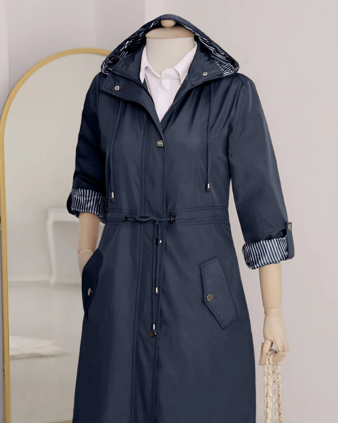 Navy Blue Hooded Trench Coat with Drawstring Waist - Podyumplus - by Peralane - photo 8