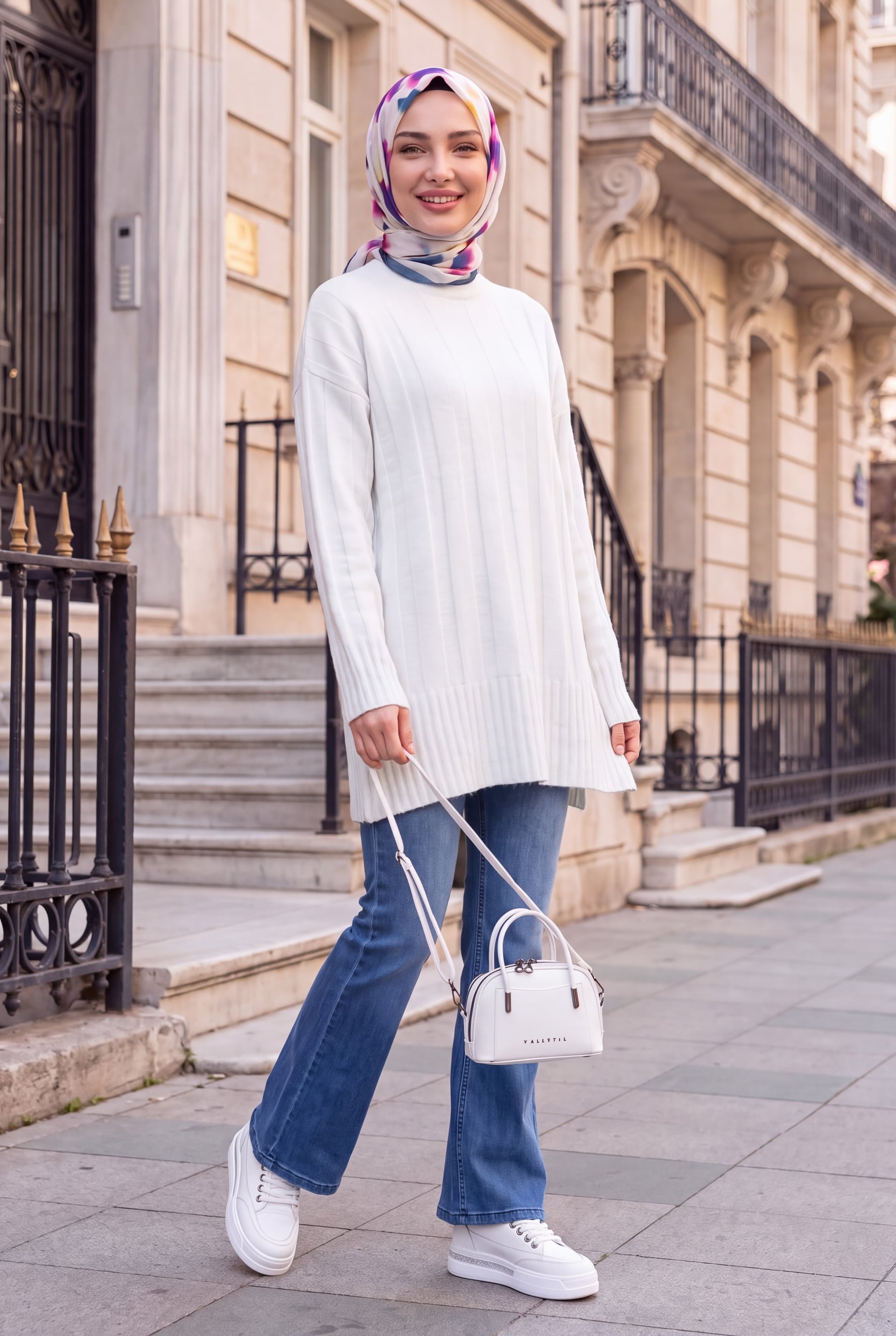 White Half-Mock Neck Striped Knit Sweater - Podyumplus - by Peralane - photo 2