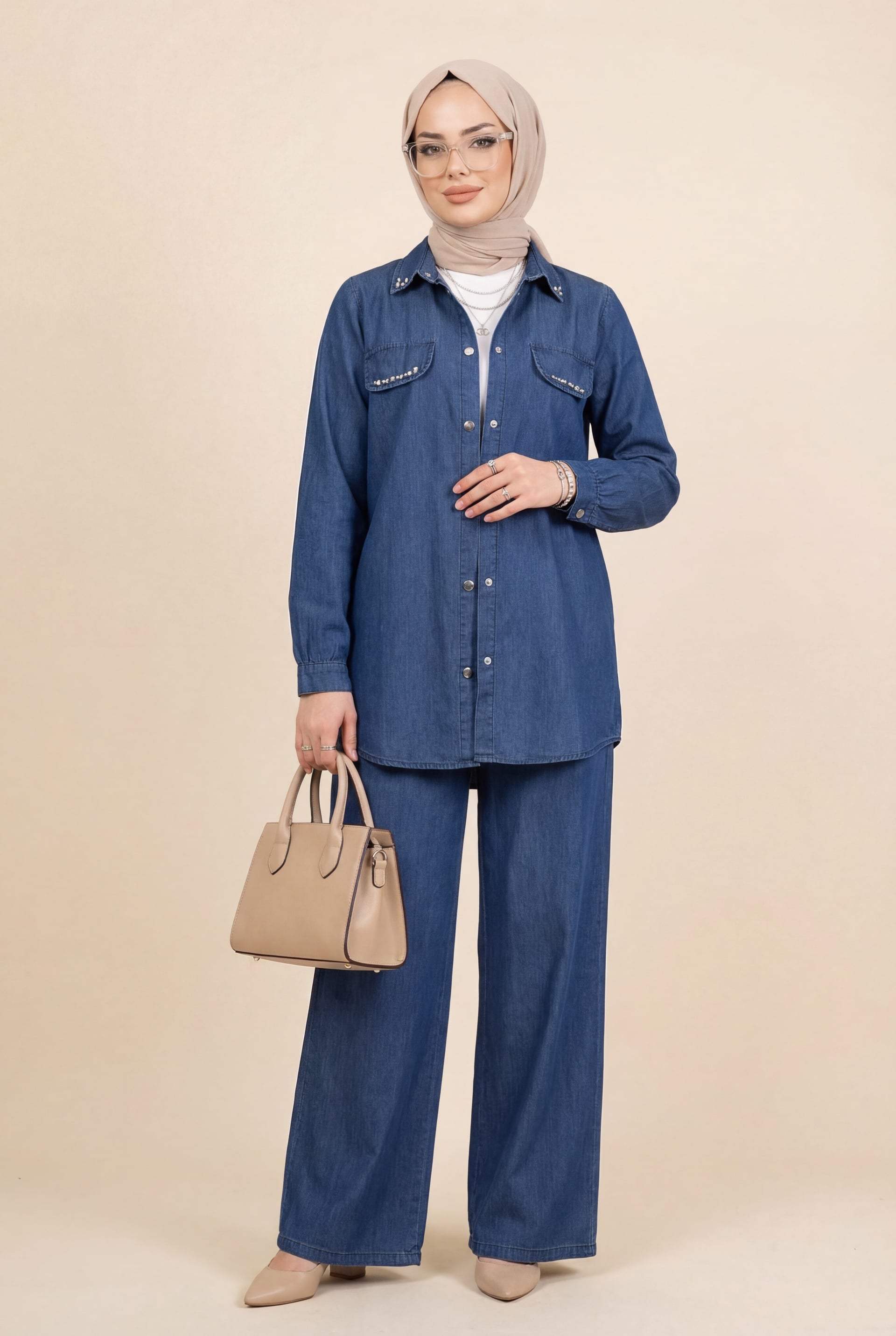 Buttoned Pocket Detail Wide Leg Denim Co-ord Set - Indigo - Podyumplus - by Peralane - photo 3