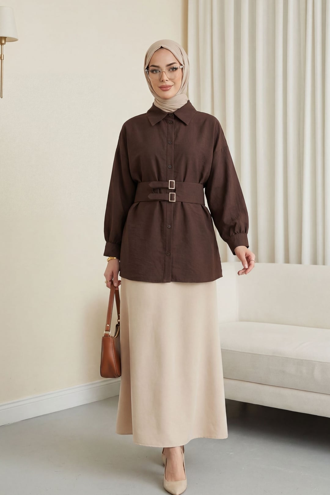 Dark Brown Double Buckle Belted Button-Front Cupro Shirt - Podyumplus - by Peralane - photo 4