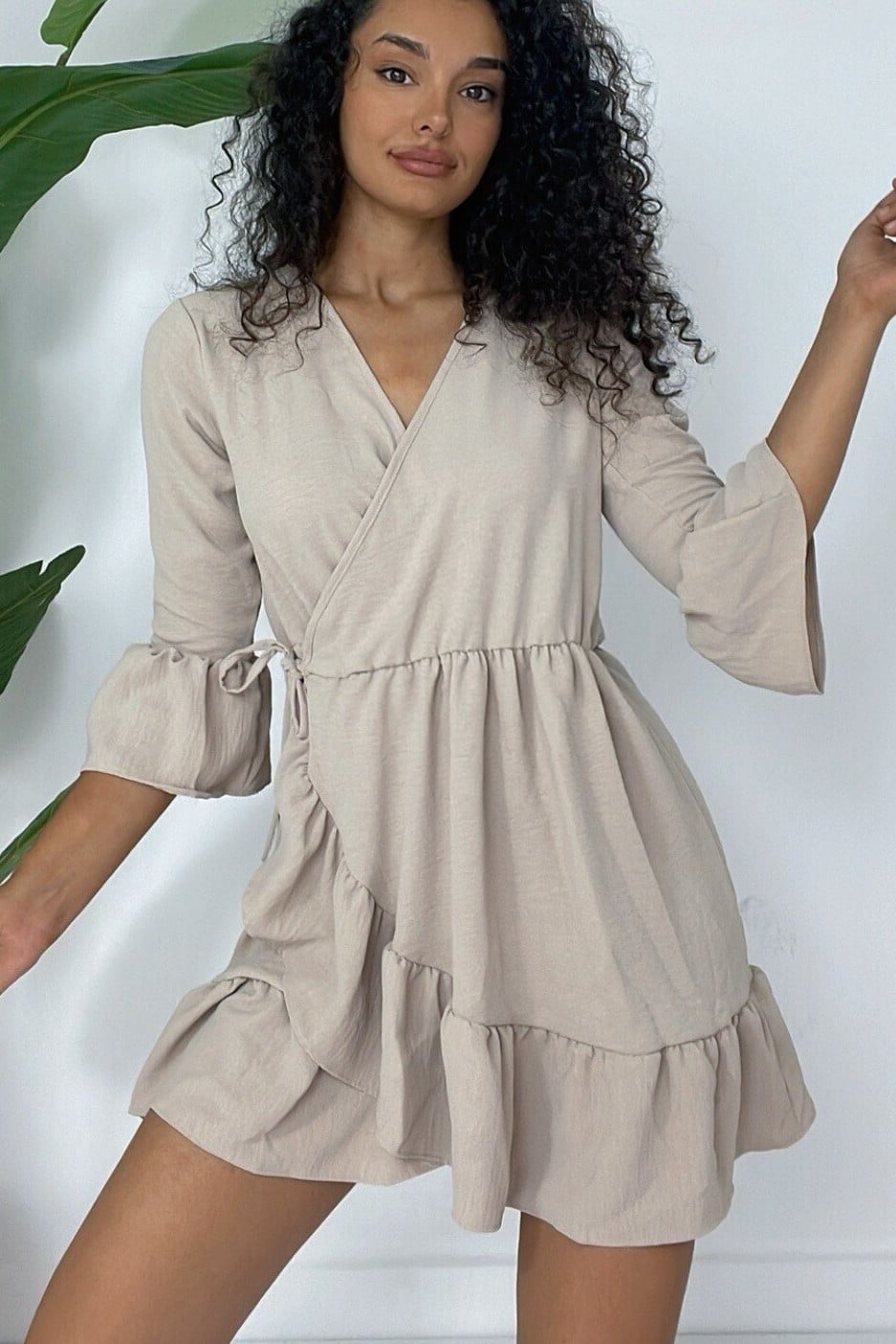 Ruffled Wrap Dress with Tie Waist - Light Beige - Podyumplus - by Peralane
