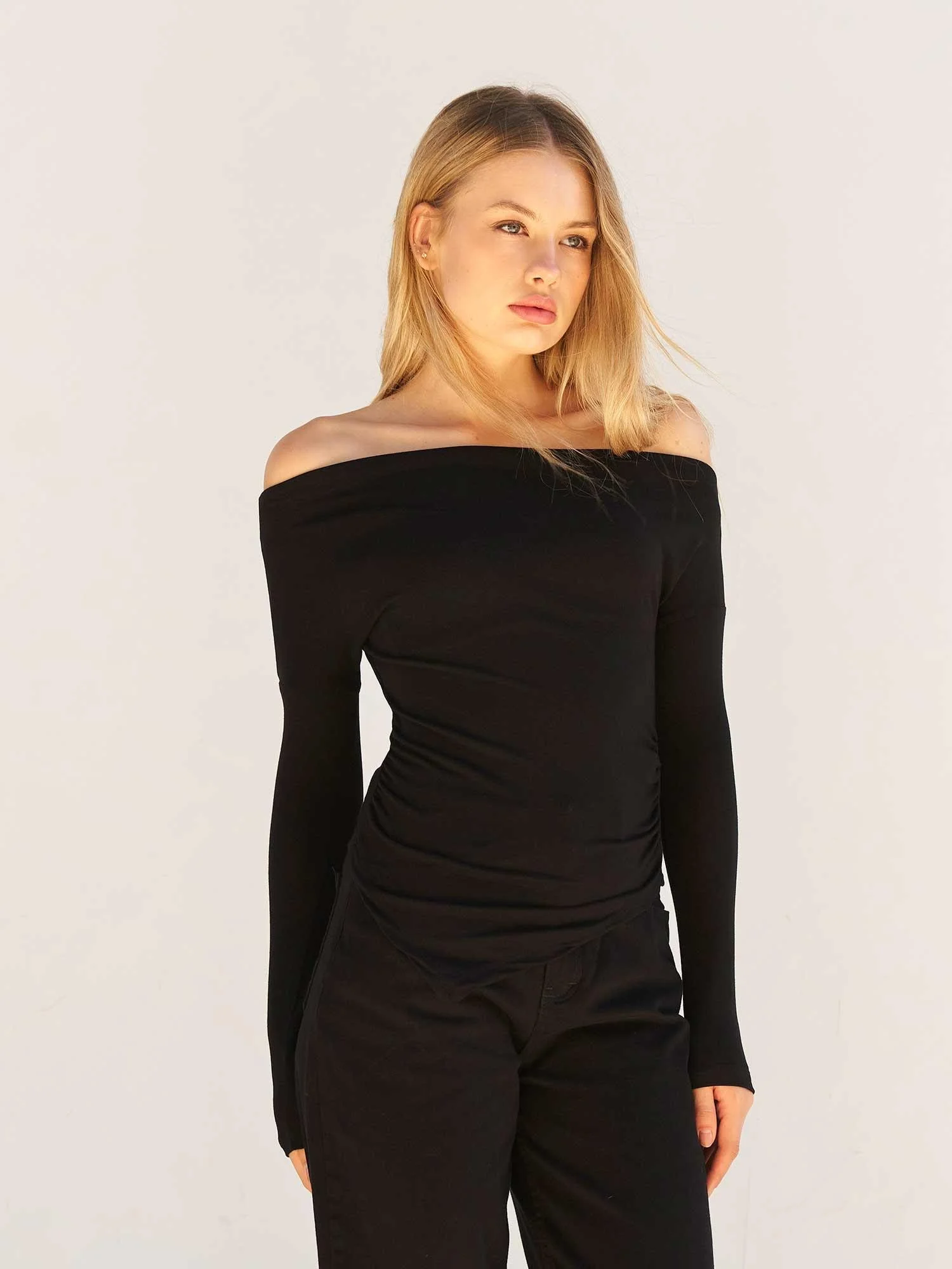 Black Off-Shoulder Ruched Top for Women | Peralane - Lefon - by Peralane