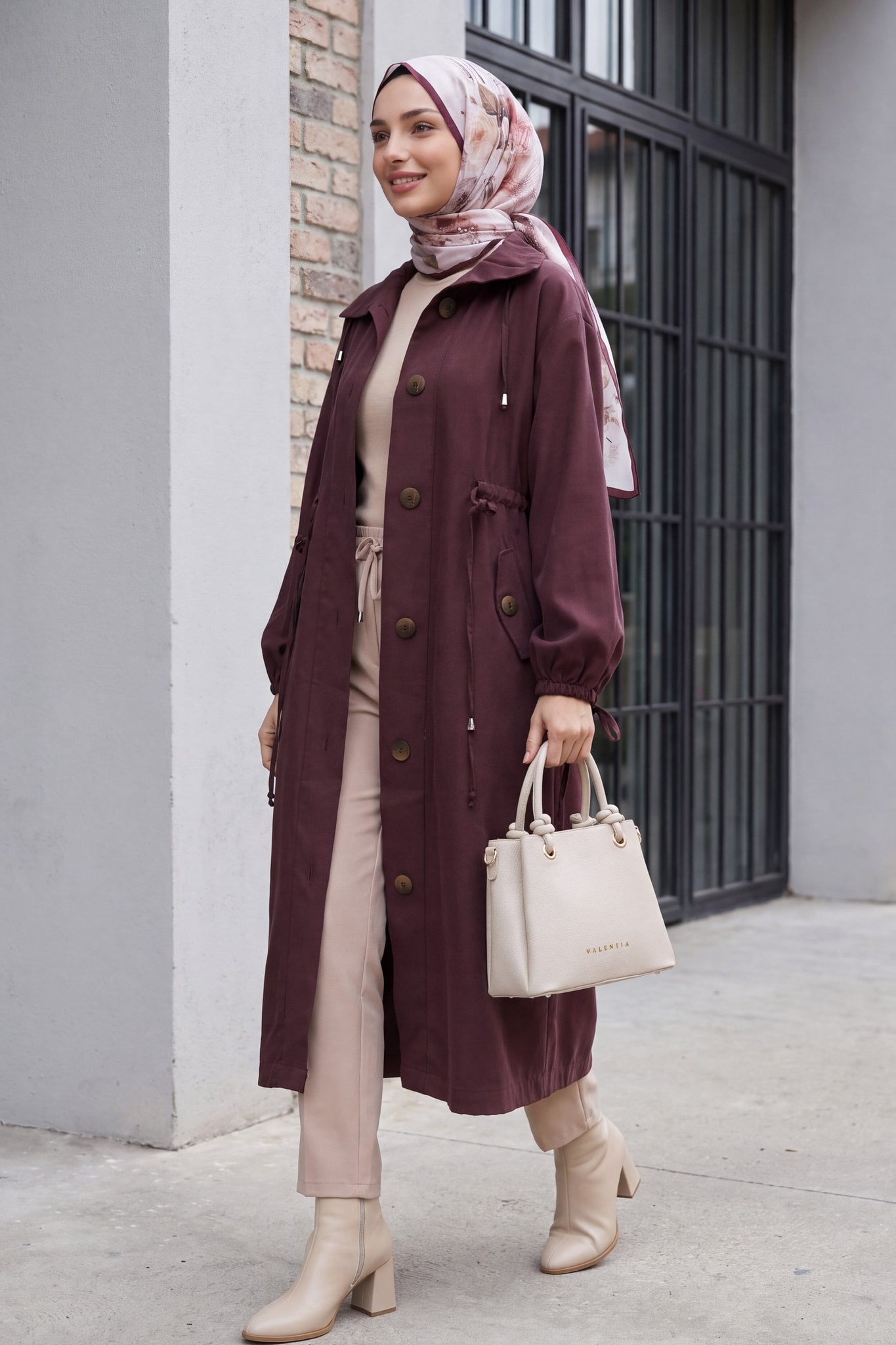 Long Tencel Coat with Flap Pockets and Drawstring Waist - Plum - Podyumplus - by Peralane - photo 6