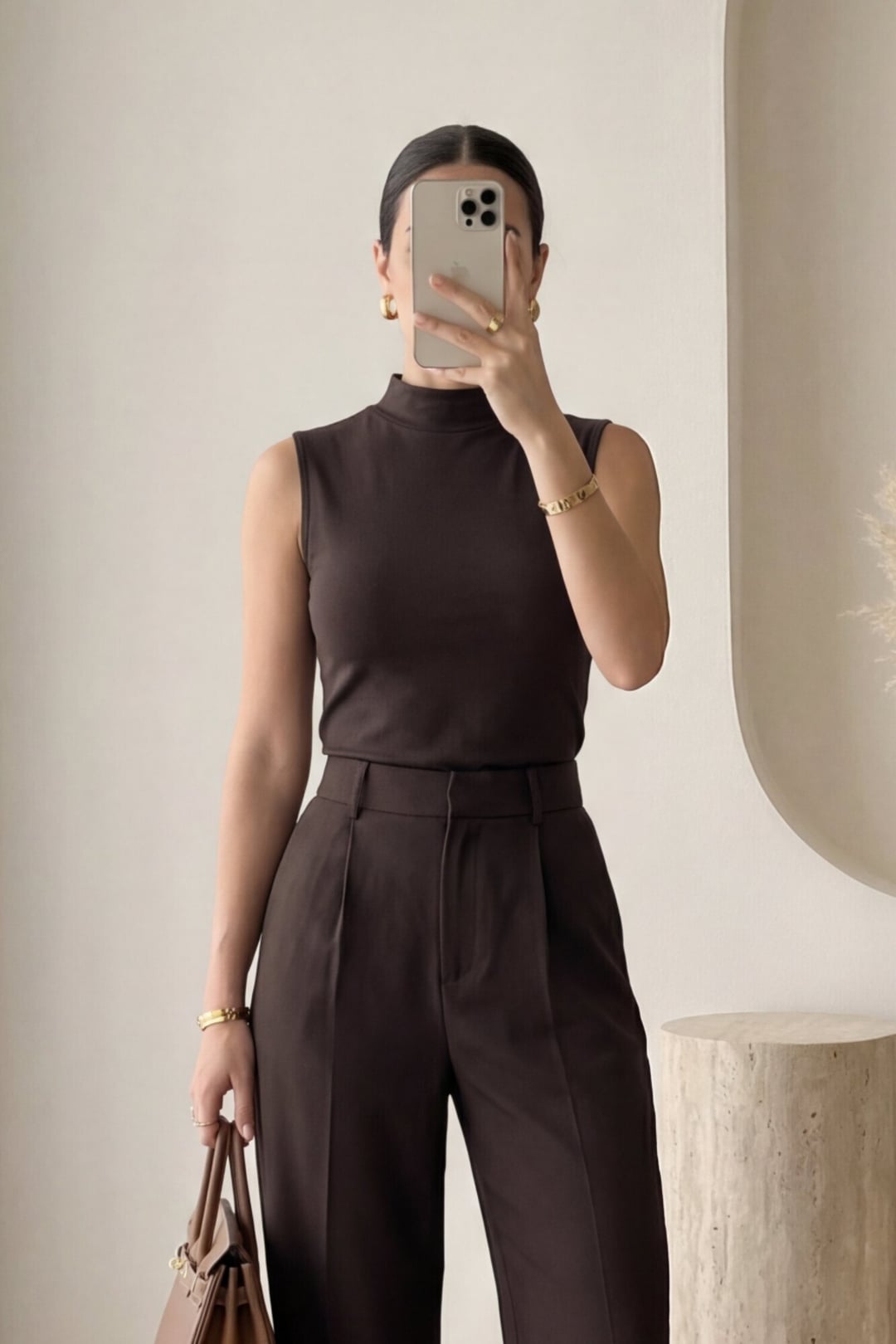 Mock Neck Sleeveless Knit Top - Coffee - Podyumplus - by Peralane - photo 2