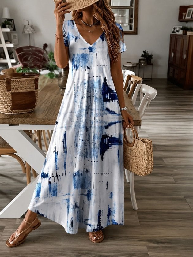 Women's Short Sleeve V-Neck Patterned Maxi Suprem Dress - Janes - by Peralane - photo 3