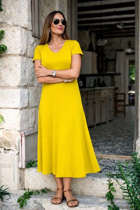 Women's Short-Sleeve V-Neck Side-Slit Midi Viscose Dress - Janes - by Peralane