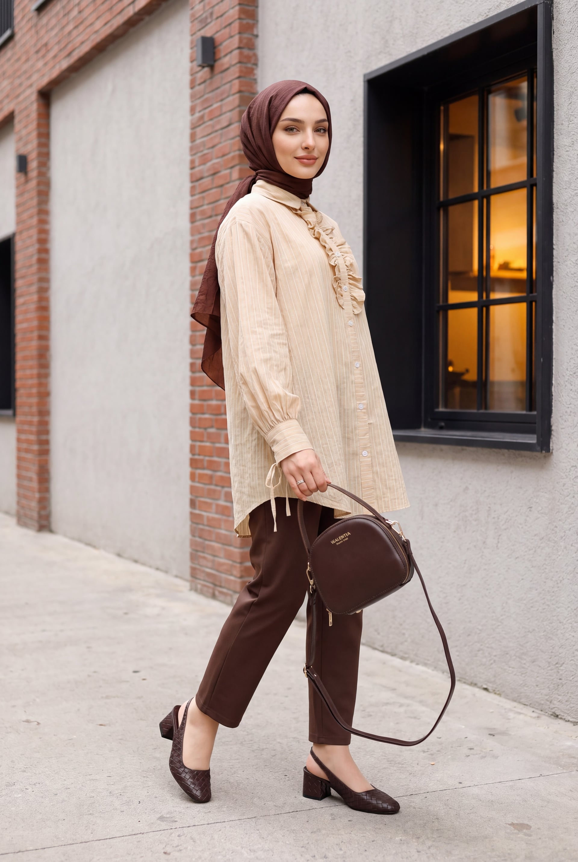 Long-Sleeved Striped Shirt Tunic with Ruffled Placket and Tie Cuffs - Beige - Podyumplus - by Peralane - photo 4