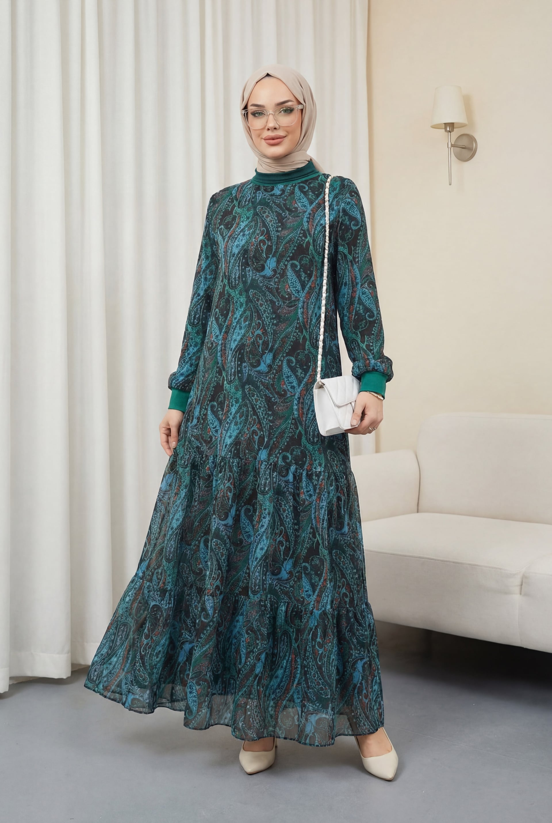 Ethnic Print Tiered Chiffon Dress - Green - Podyumplus - by Peralane