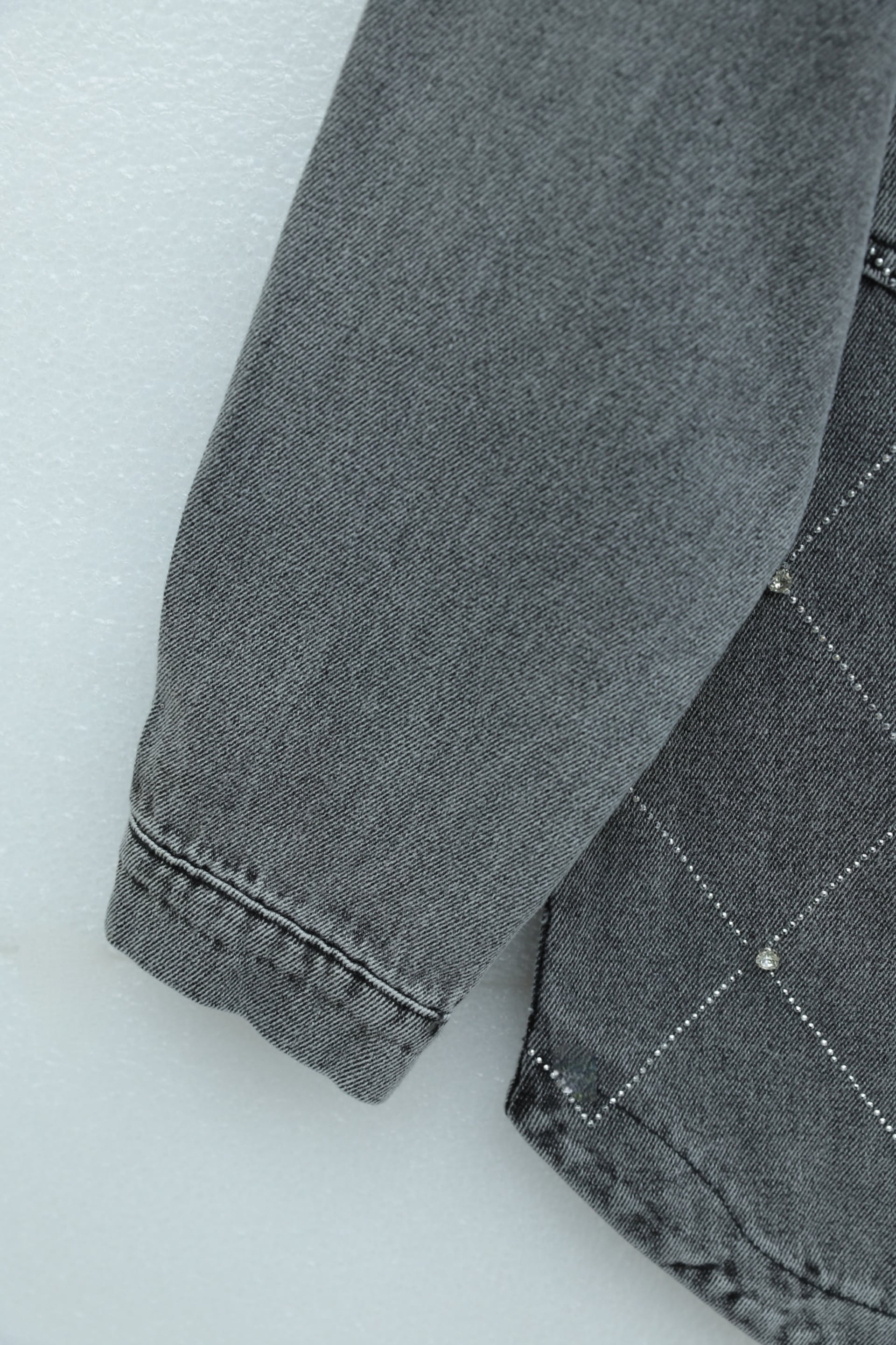 Smoke Grey Rhinestone-Trimmed Double Pocket Denim Jacket with Button Front - Podyumplus - by Peralane - photo 6