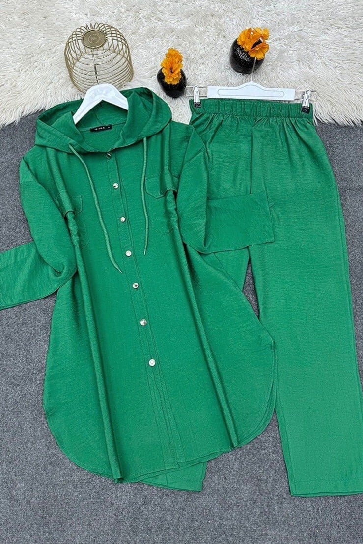 Green Hooded Tunic and Trousers Two-Piece Set - Podyumplus - by Peralane