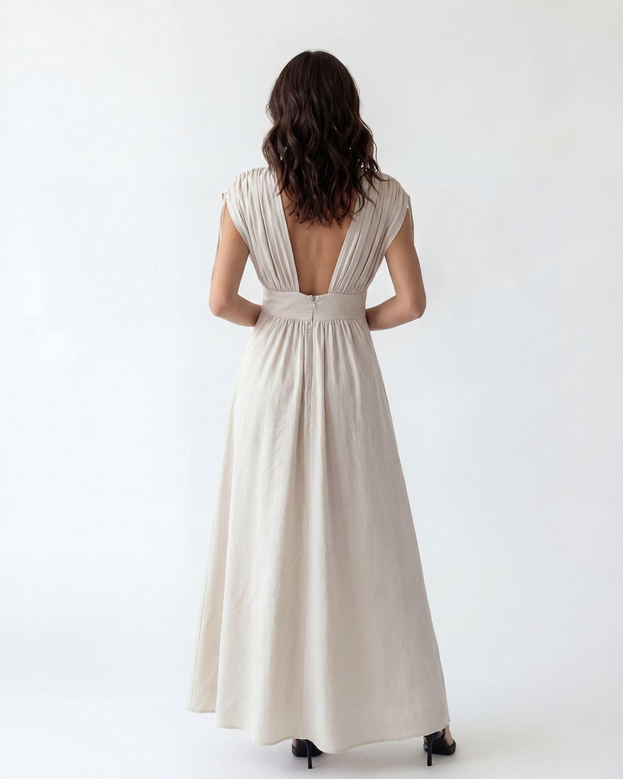 Women's Solid Ecru Modal Dress with V-Neck and Drawstring Waist - Fame - by Peralane - photo 4