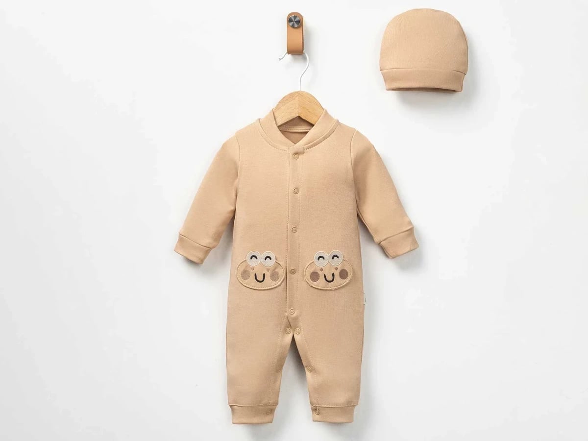 Baby Boys' Frog Print Romper and Hat Set in Beige - Pookie - by Peralane
