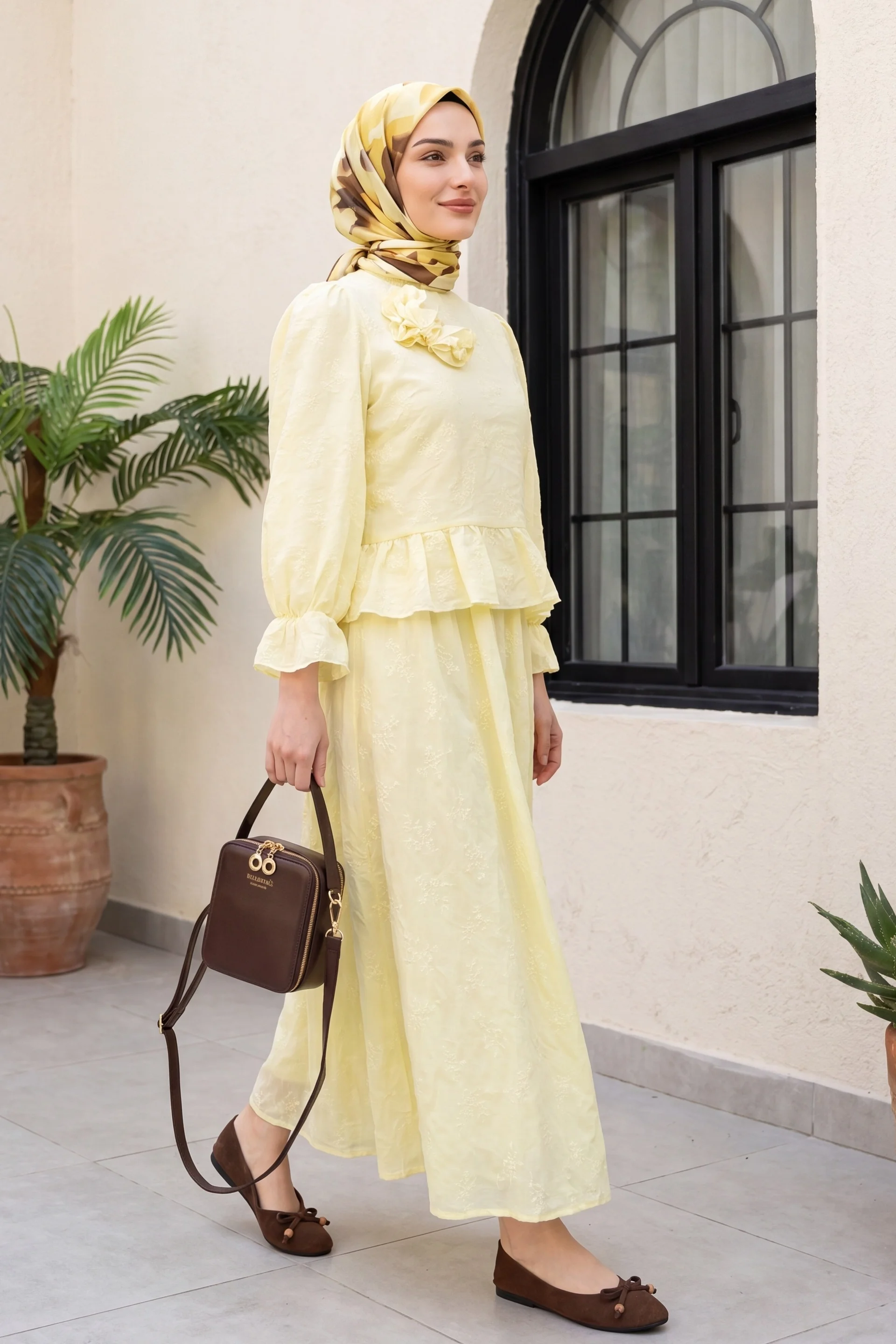 Rose Brooch Long-Sleeved Patterned Voile Set with Skirt - Yellow - Podyumplus - by Peralane - photo 6