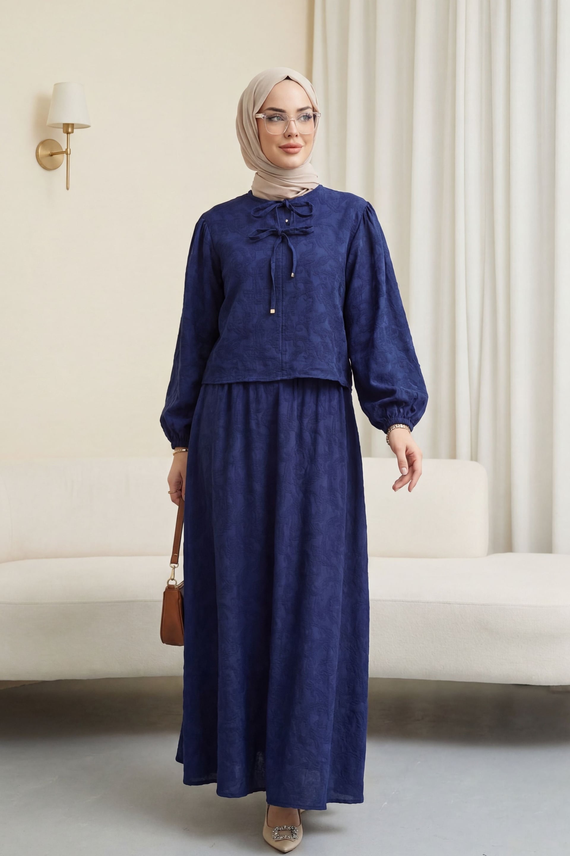 Navy Blue Jacquard Modest Set with Blouse and Maxi Skirt - Podyumplus - by Peralane