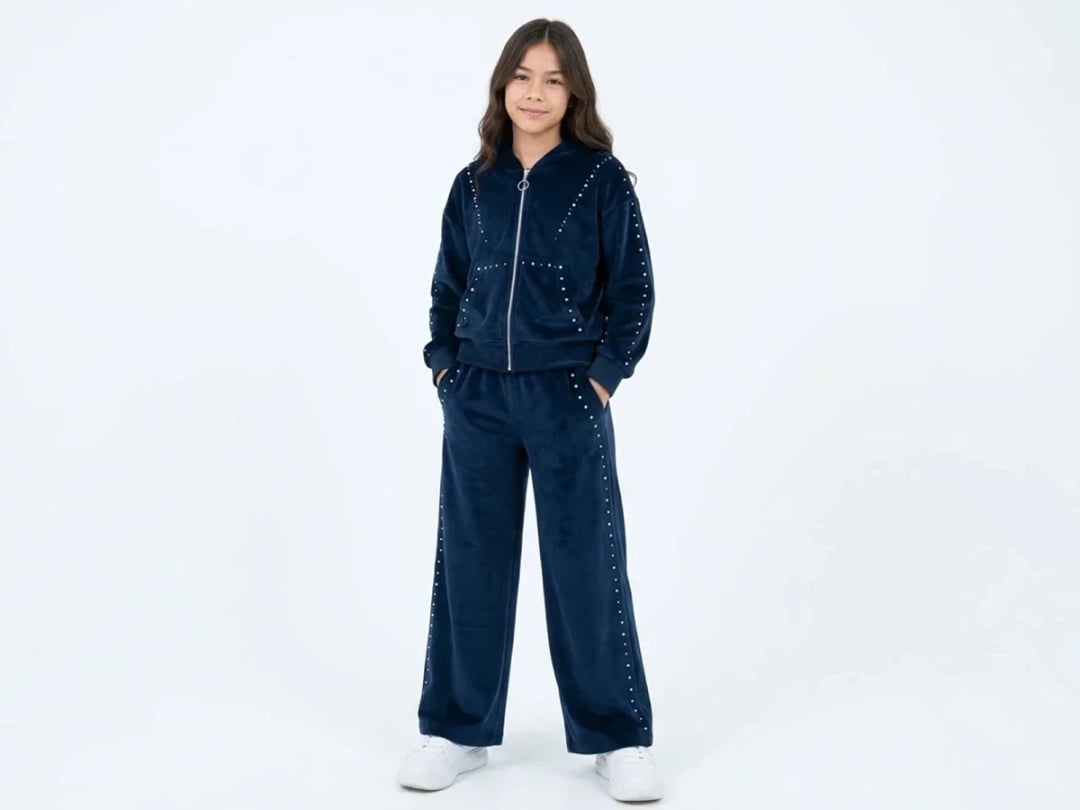 Navy Velour Girls' Tracksuit Set with Stud Detail - Mensis - by Peralane