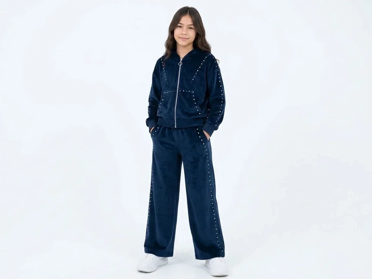 Navy Velour Girls' Tracksuit Set with Stud Detail - Mensis - by Peralane