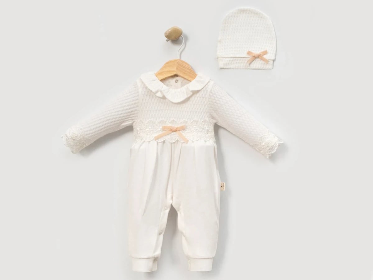 White Lace-Trimmed Baby Girl Romper and Hat Set (Pack of 3) - Cayzen - by Peralane