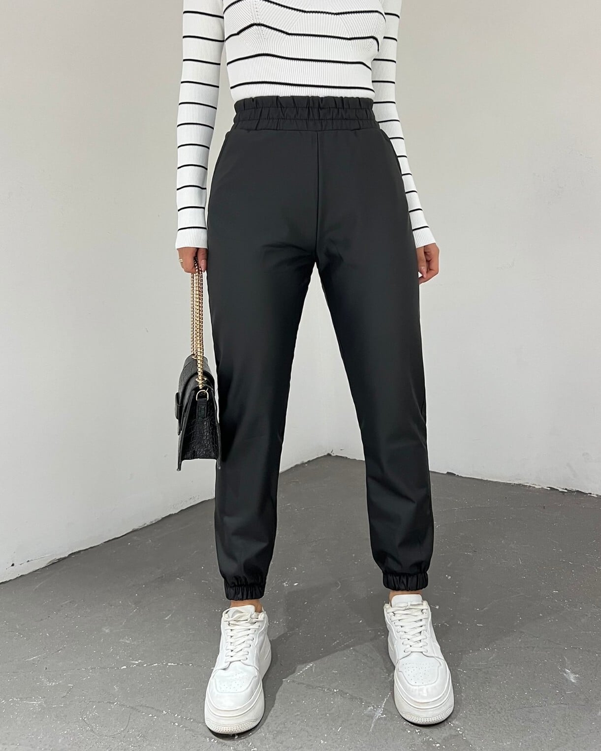 Black Elasticated Waist and Cuff Faux Leather Trousers - Podyumplus - by Peralane - photo 2