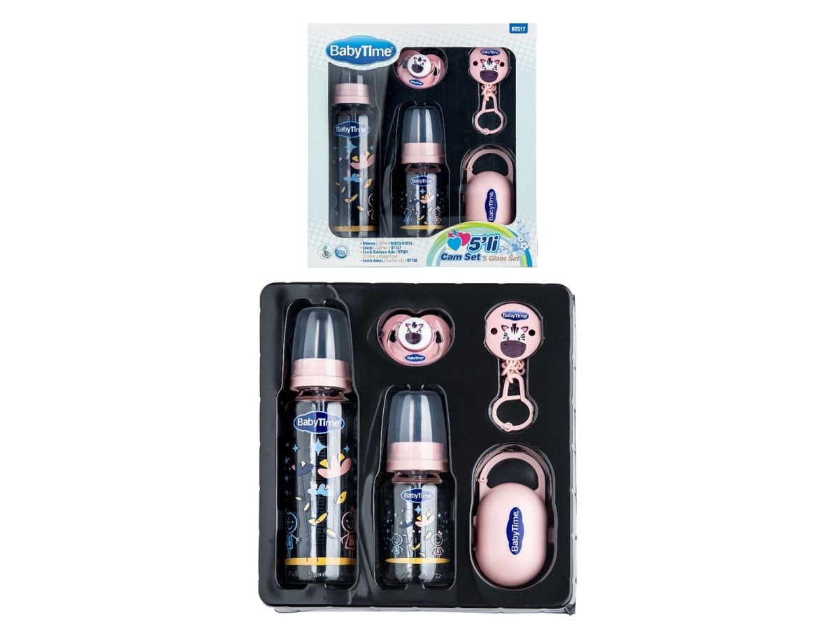 5-Piece Glass Baby Bottle and Pacifier Set in Pink - Baby Time - by Peralane