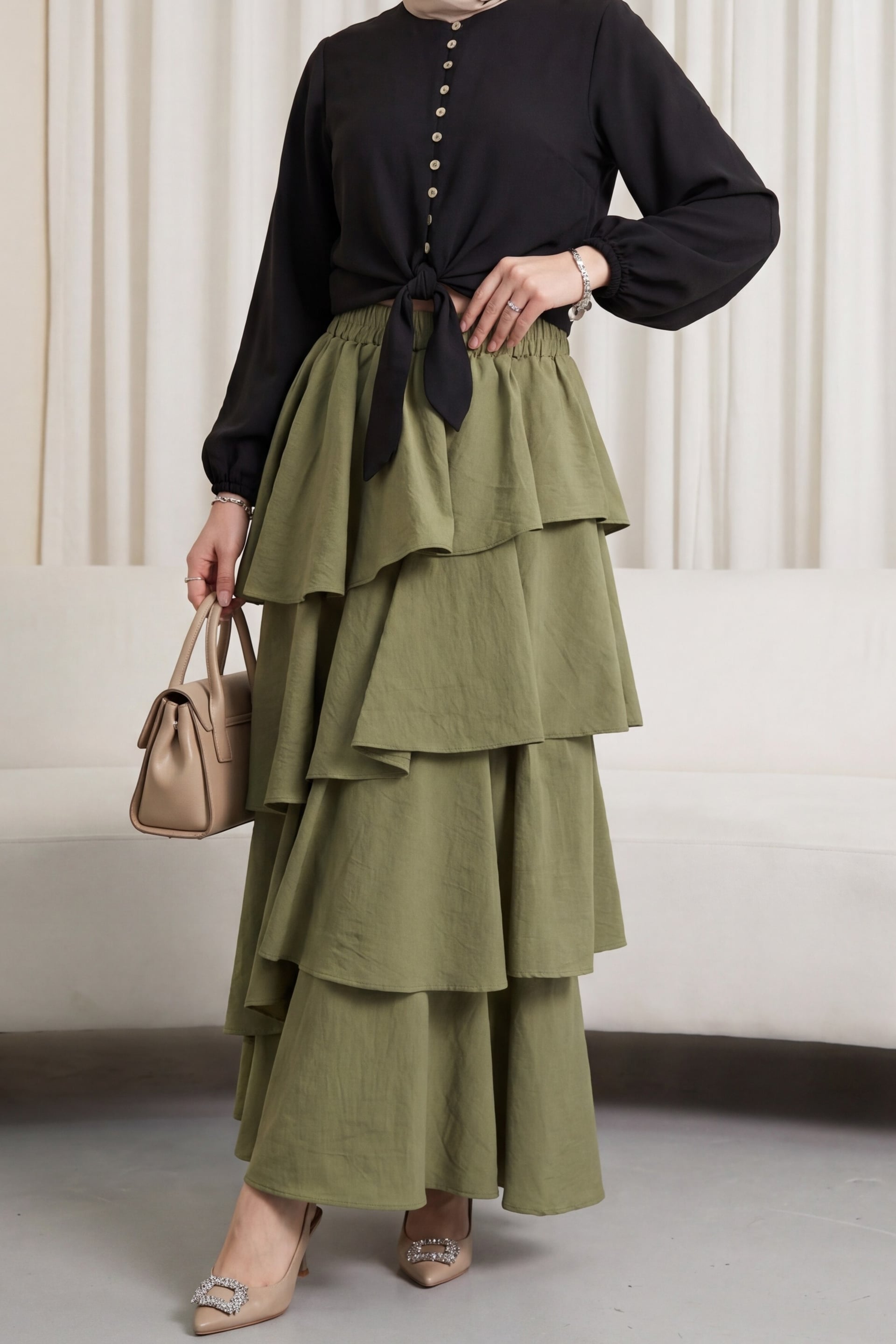 Elasticated Waist Tiered Lined Cupra Skirt - Khaki - Podyumplus - by Peralane
