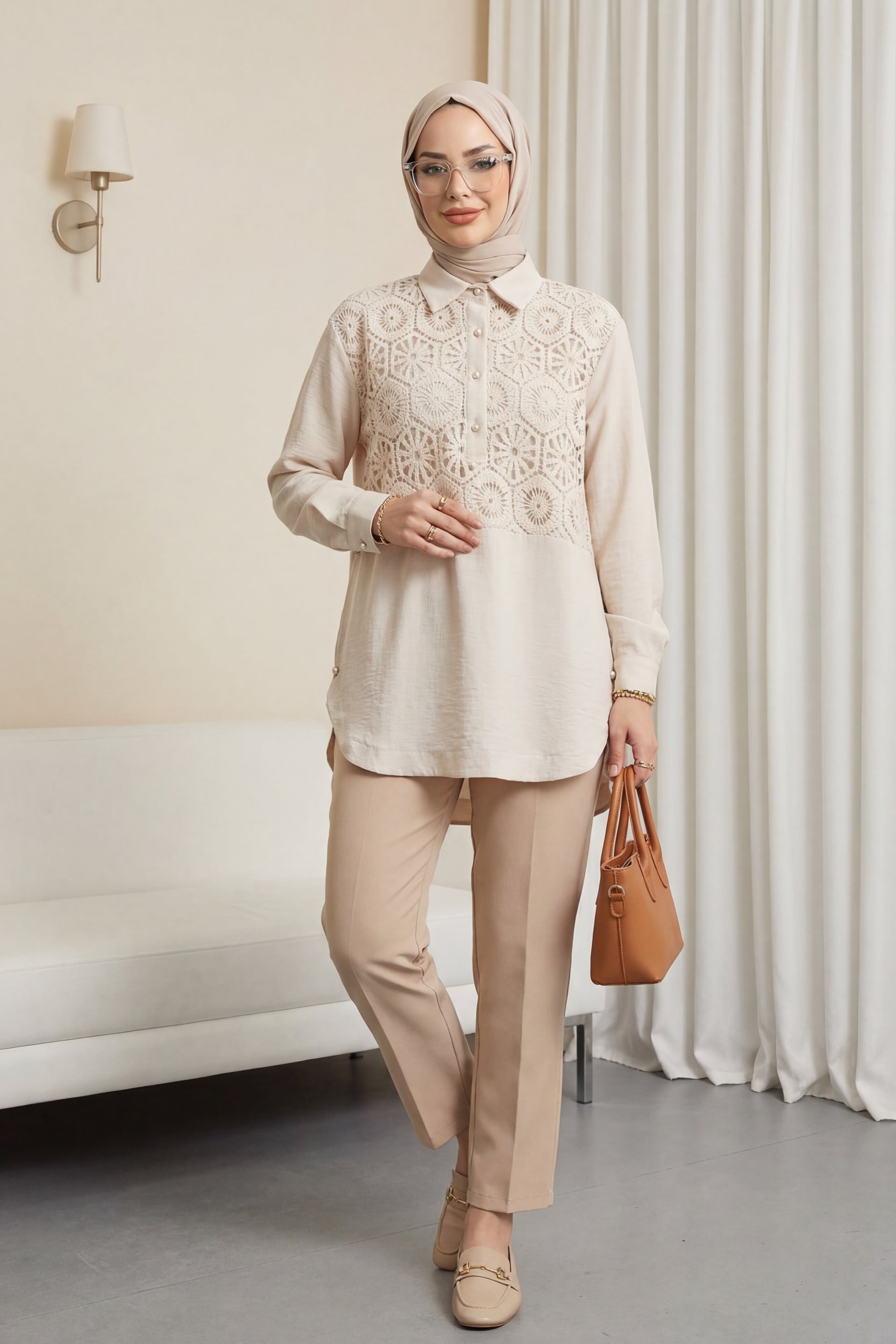 Women's Lace-Trimmed Oversize Shirt with Button Details - Stone - Podyumplus - by Peralane - photo 2