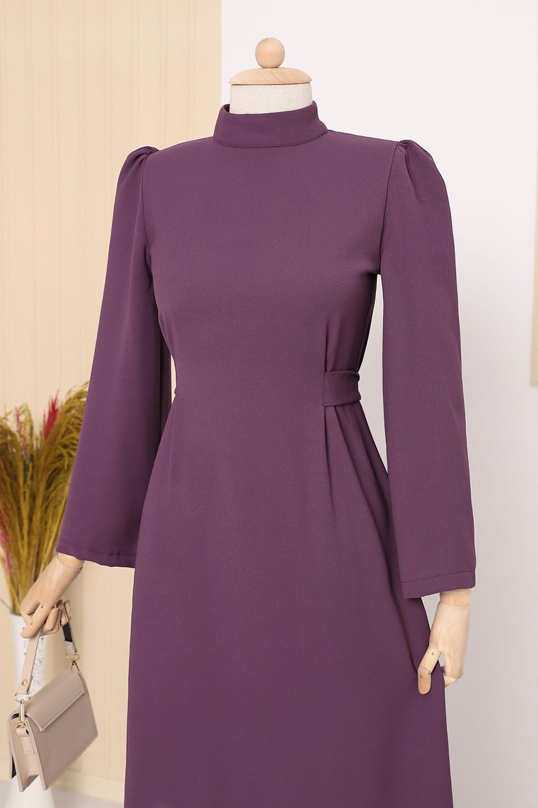 Wrap Waist Long-Sleeve Dress in Deep Plum - Podyumplus - by Peralane - photo 6