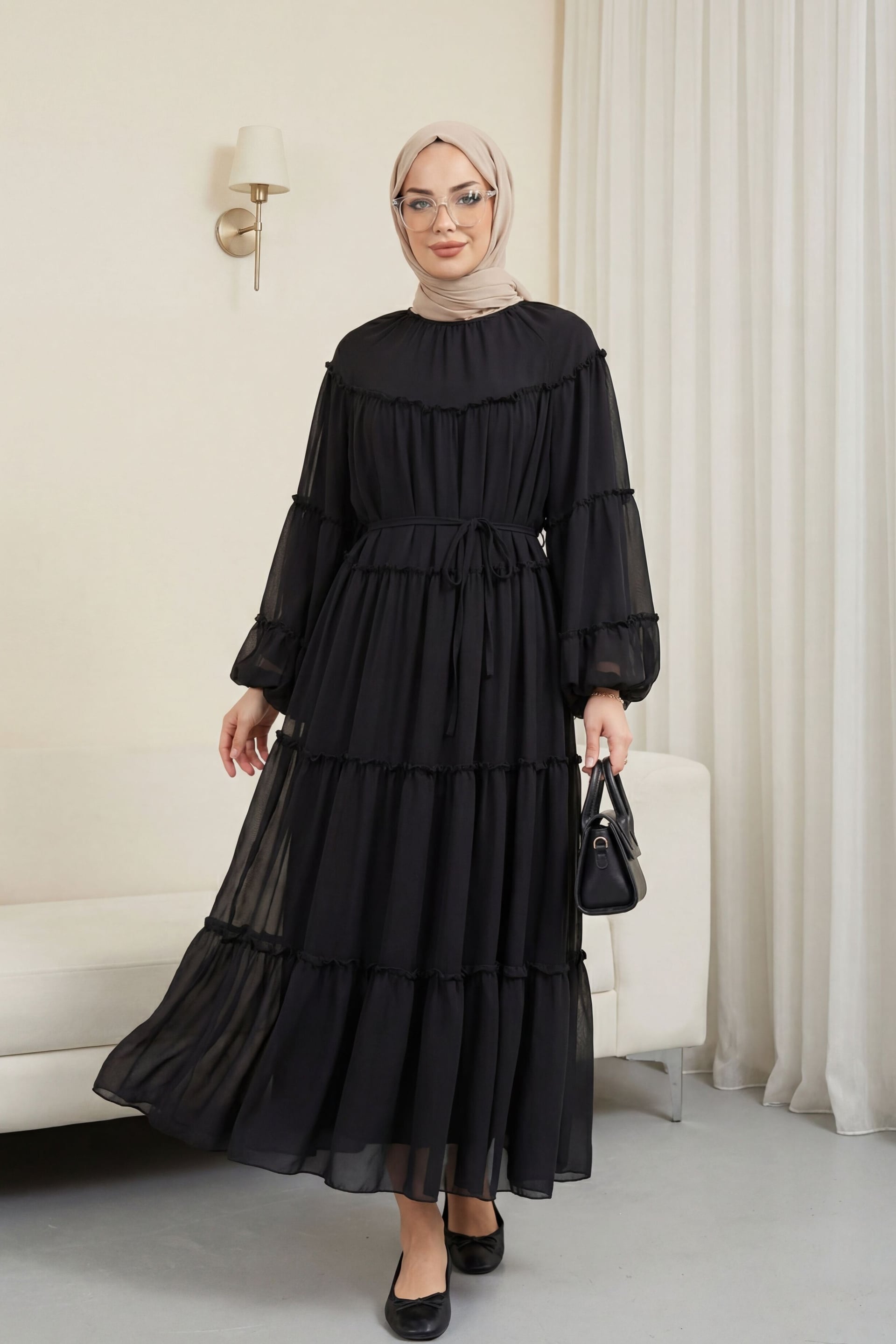 Tiered Ruffle Trim Tie-Waist Dress - Black - Podyumplus - by Peralane - photo 6