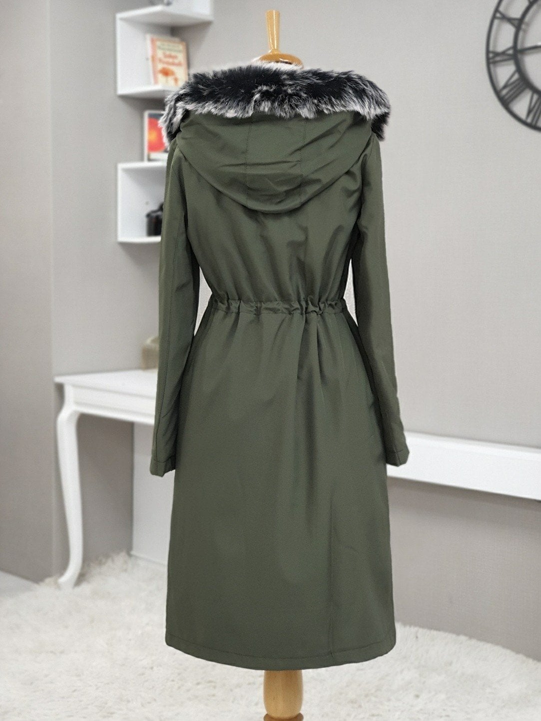 Olive Green Hooded Short Coat with Drawstring Waist - Women's Modest Outerwear - Podyumplus - by Peralane - photo 4