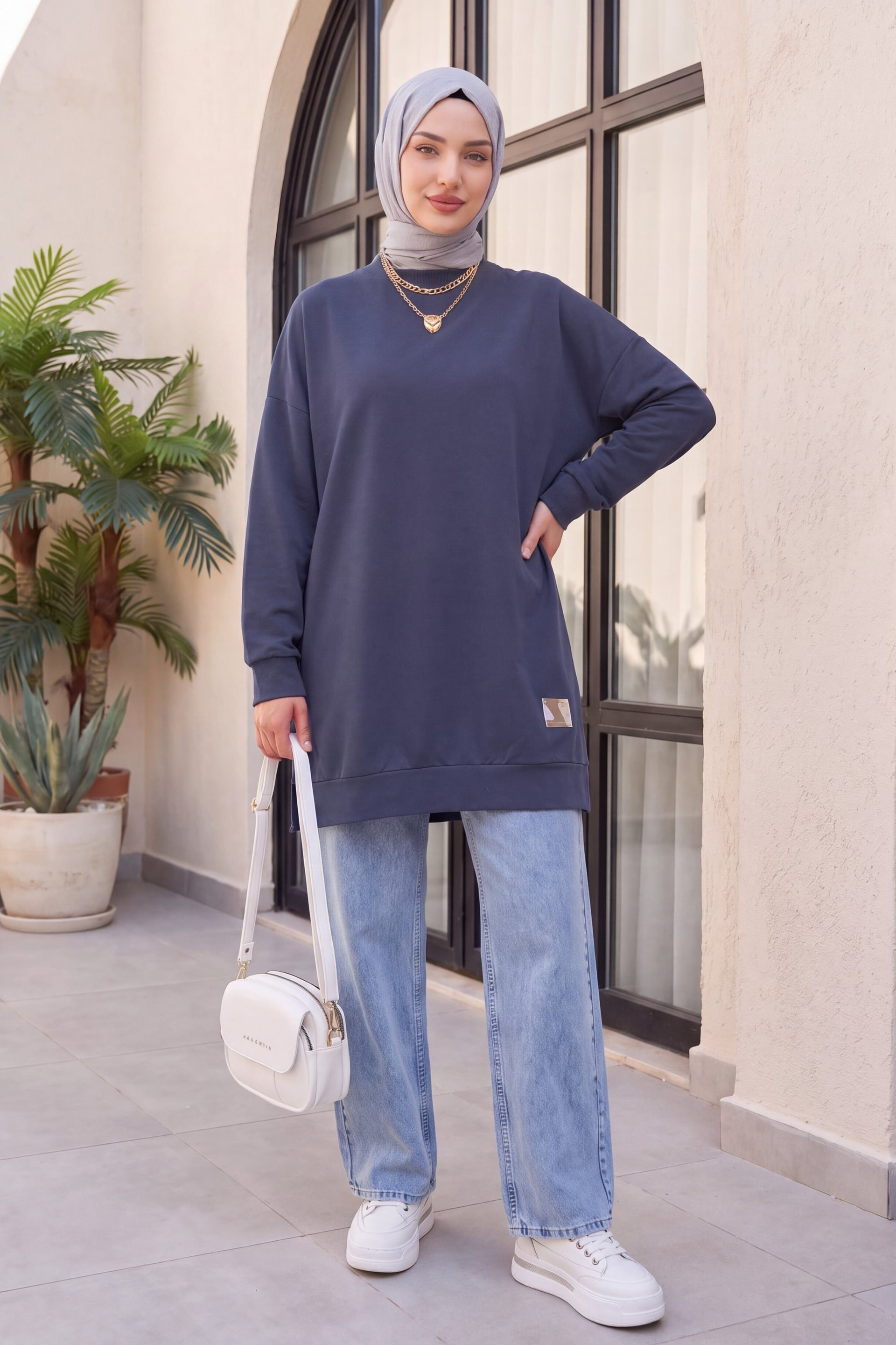 Crew Neck Side Slit Emblem Sweatshirt - Anthracite - Podyumplus - by Peralane - photo 2