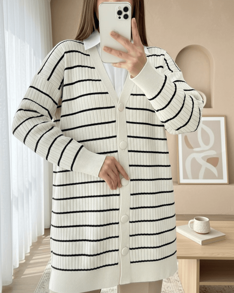 Cream Striped Long Cardigan with Buttons - Women's Ribbed Knit - Podyumplus - by Peralane