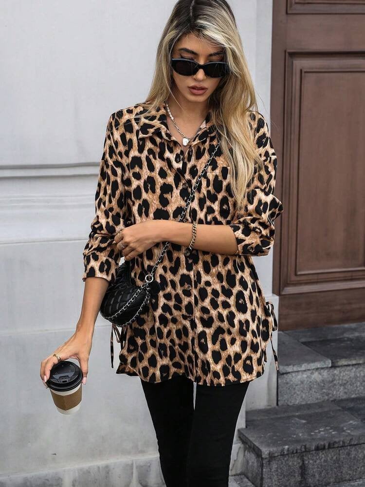 Women's Long-Sleeved Collared Leopard Print Modal Blouse with Button Front and Side Laces - Janes - by Peralane - photo 5
