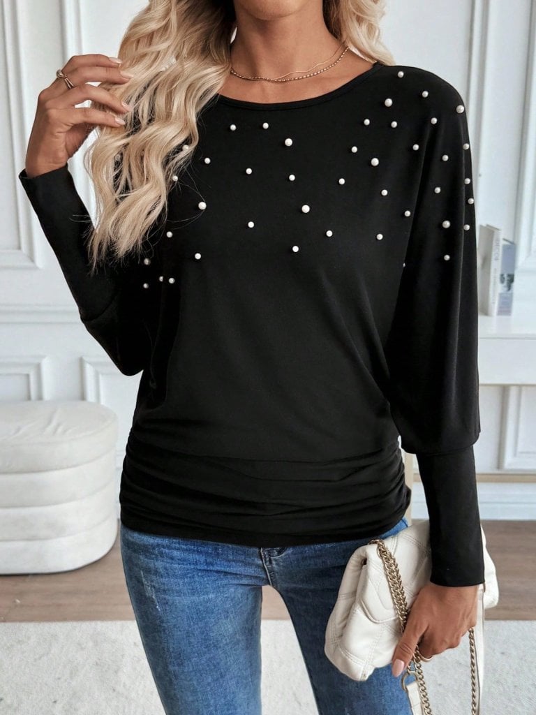 Women's Long-Sleeved Round Neck Pearl Embellished Viscose Blouse - Janes - by Peralane