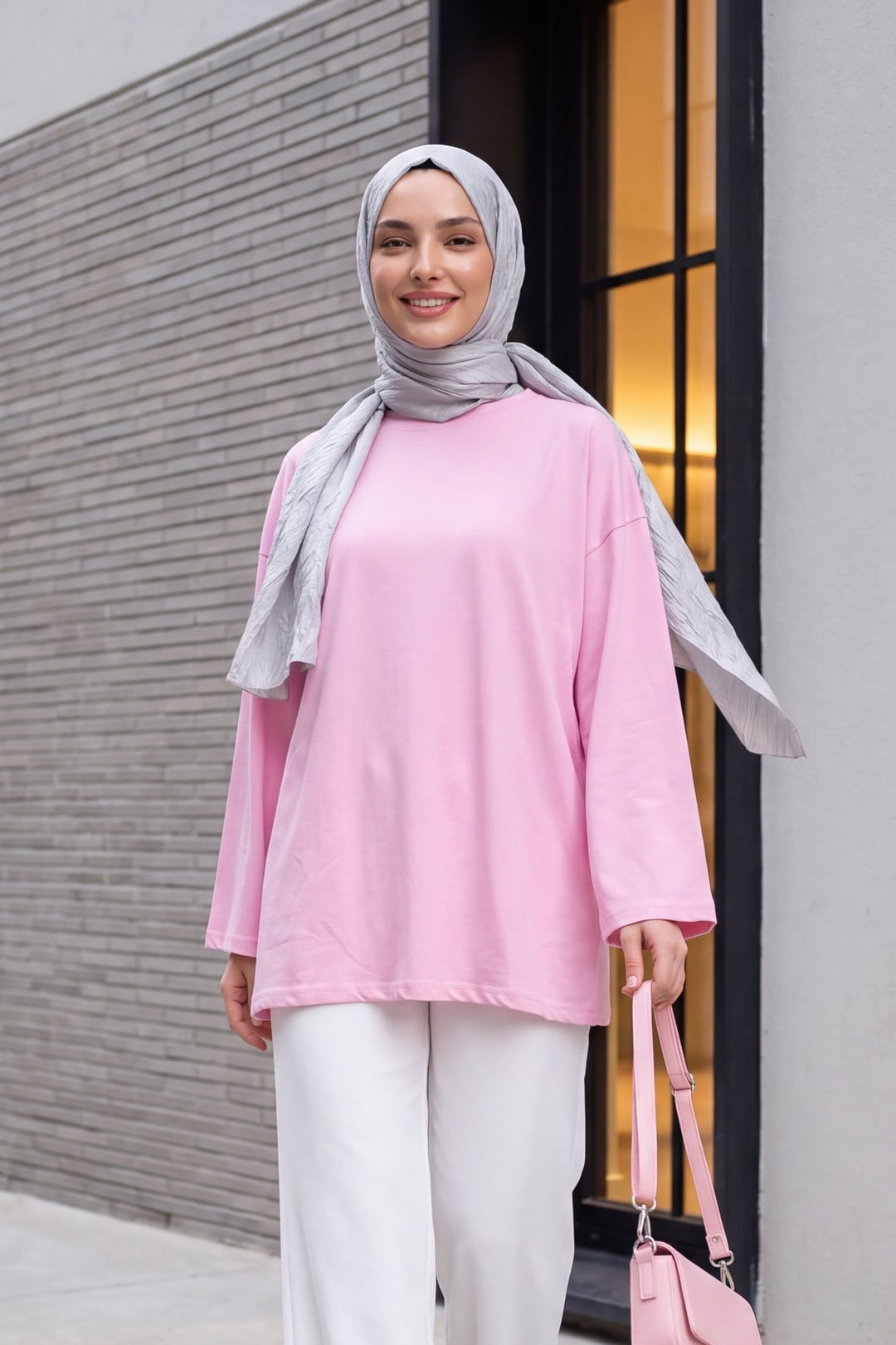 Round Neck Relaxed Fit Knit Tunic - Pink - Podyumplus - by Peralane