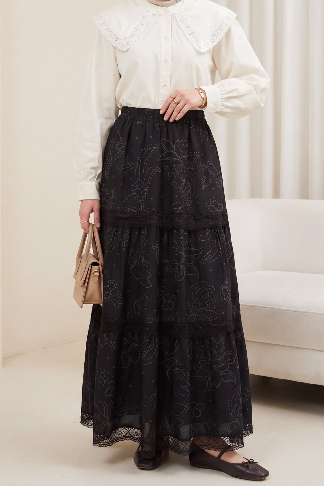 Black Lace Trim Tiered Maxi Skirt - Podyumplus - by Peralane