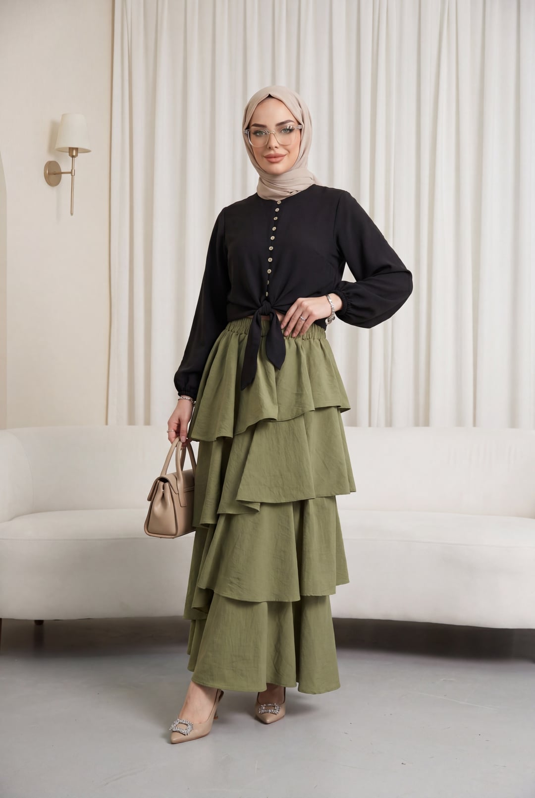 Elasticated Waist Tiered Lined Cupra Skirt - Khaki - Podyumplus - by Peralane - photo 3