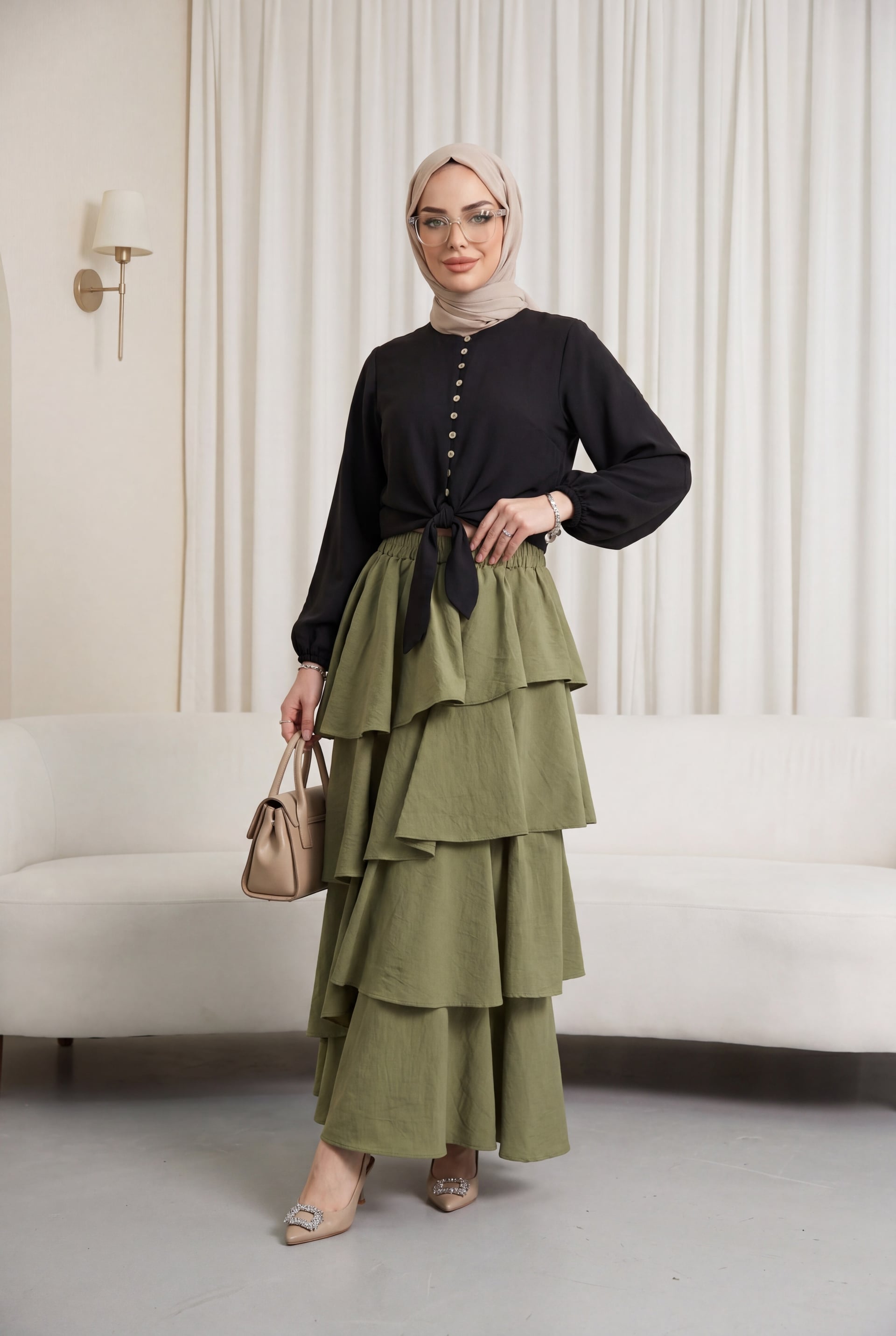 Elasticated Waist Tiered Lined Cupra Skirt - Khaki - Podyumplus - by Peralane - photo 3